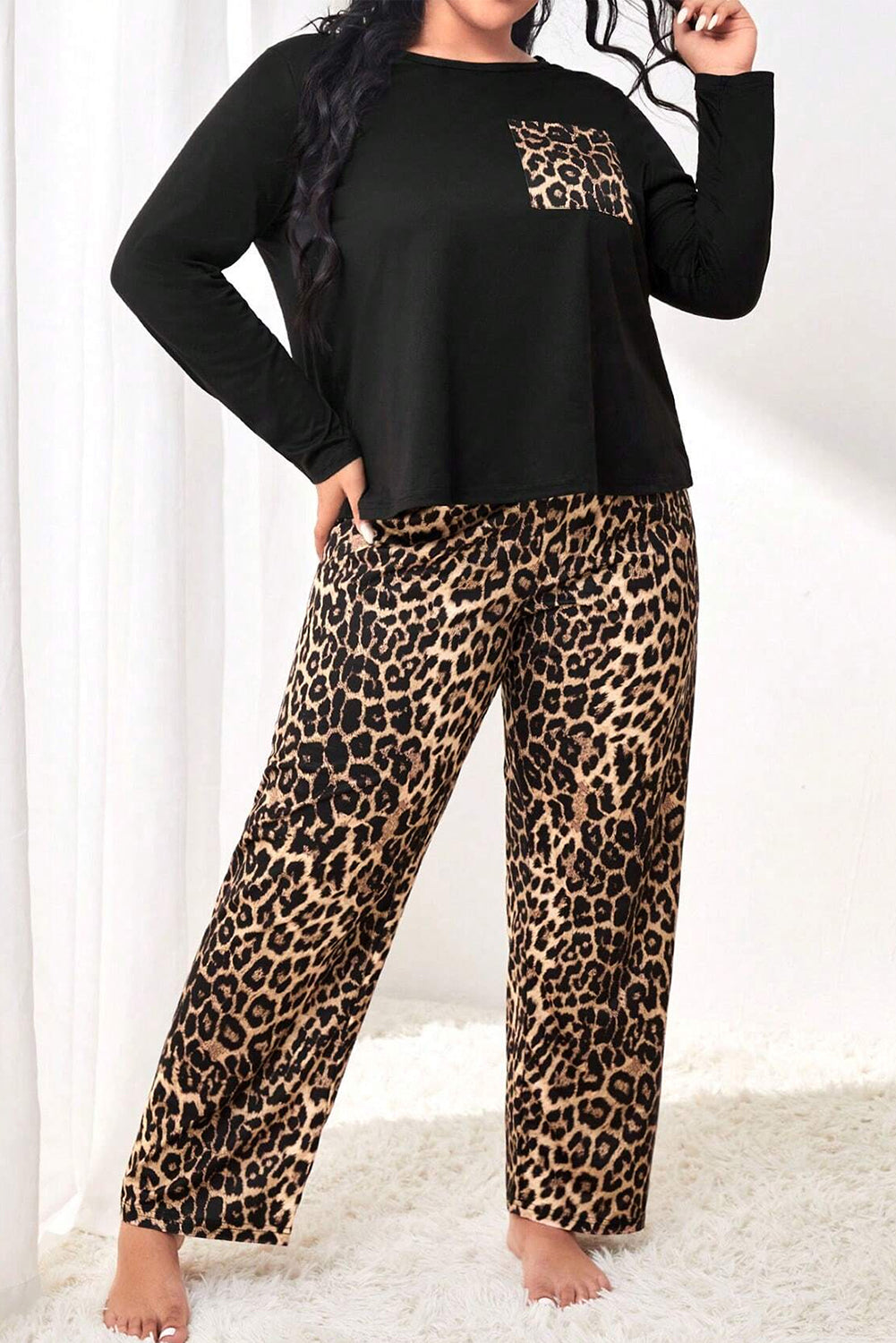 Blue Zone Planet | Black Leopard Patched Pocket Long Sleeve Top Plus Size Pants Set-Plus Size/Plus Size Loungewear-[Adult]-[Female]-2022 Online Blue Zone Planet