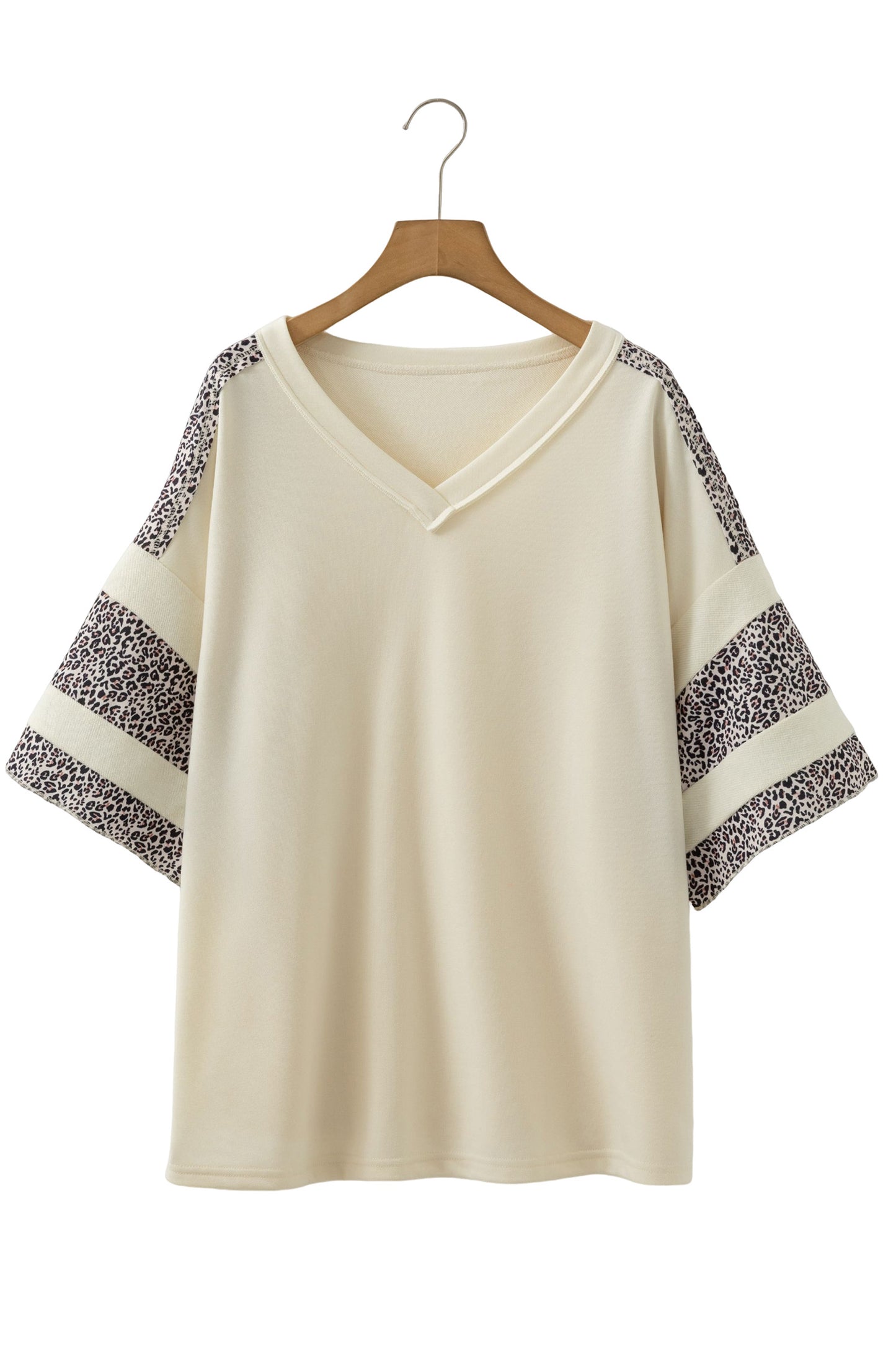 Apricot V Neck Exposed Seam Leopard Color Block Patchwork Half Sleeve Top-Plus Size/Plus Size Tops/Plus Size Tops & Tees-[Adult]-[Female]-2022 Online Blue Zone Planet
