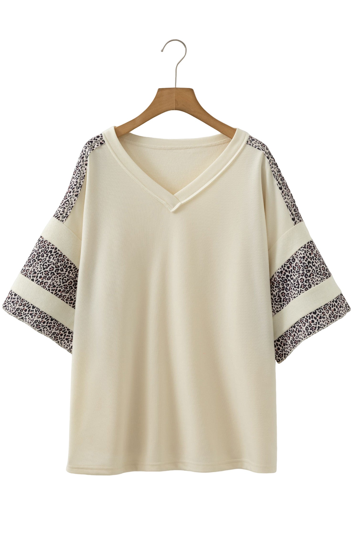 Apricot V Neck Exposed Seam Leopard Color Block Patchwork Half Sleeve Top-Plus Size/Plus Size Tops/Plus Size Tops & Tees-[Adult]-[Female]-2022 Online Blue Zone Planet