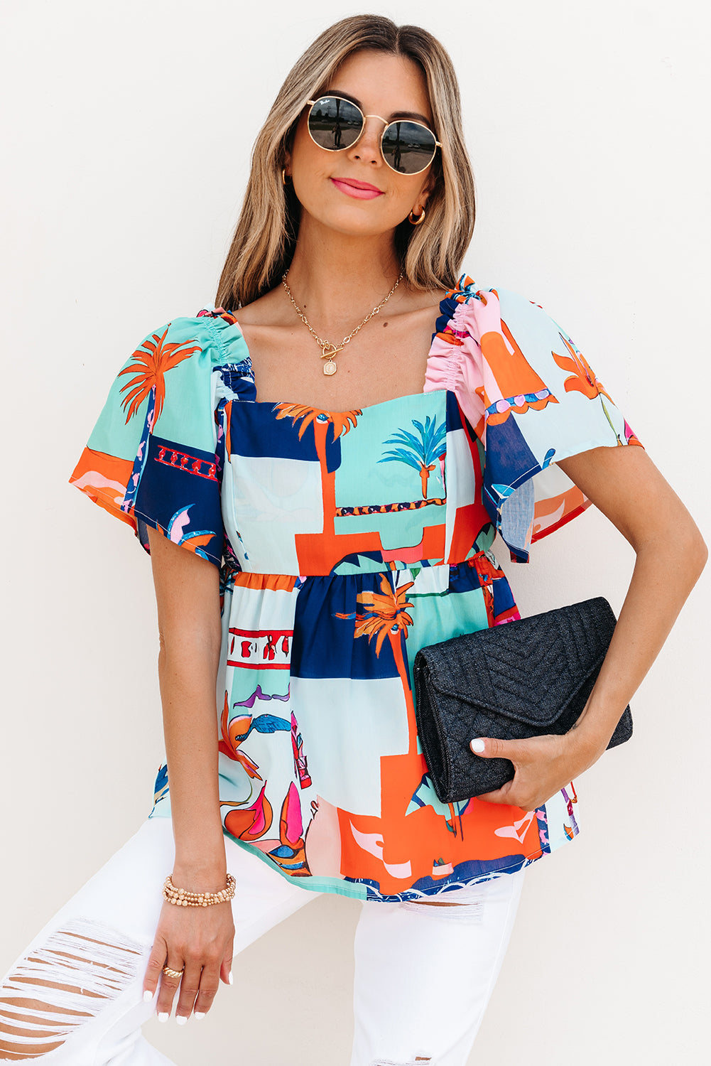 Sky Blue Tropical Printed Square Neck Flutter Sleeve Babydoll Blouse-Tops/Blouses & Shirts-[Adult]-[Female]-2022 Online Blue Zone Planet