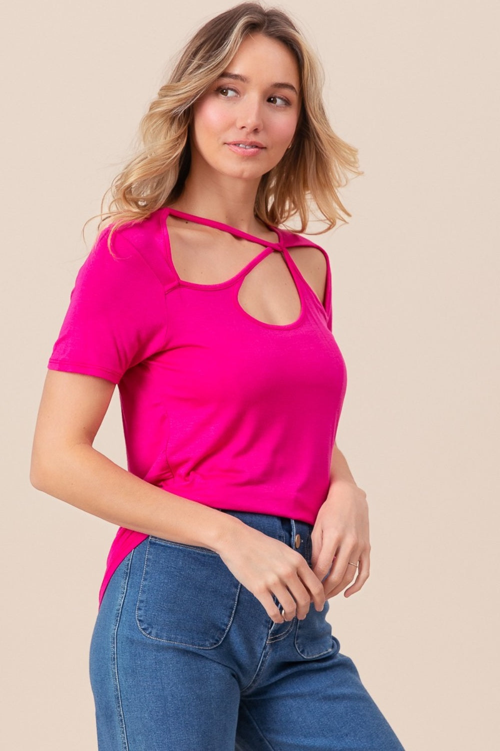 BiBi Cutout Asymmetrical Neck Short Sleeve T-Shirt-TOPS / DRESSES-[Adult]-[Female]-2022 Online Blue Zone Planet