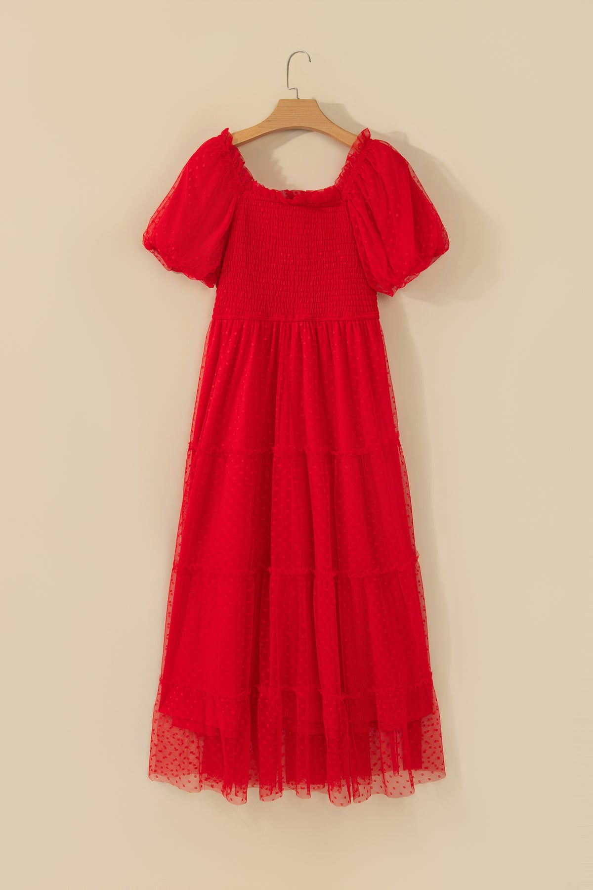 Fiery Red Tiered Tulle Smocked Bodice Puff Sleeve Dress-TOPS / DRESSES-[Adult]-[Female]-2022 Online Blue Zone Planet