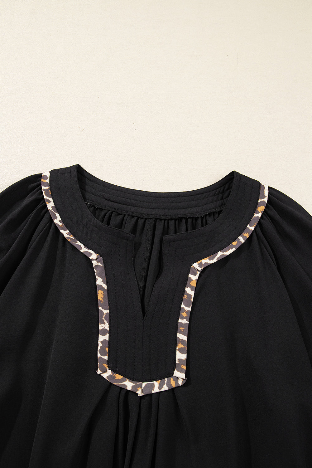 Black Plus Size Notched Neck Leopard Trim Flounce Long Sleeve Shift Dress-TOPS / DRESSES-[Adult]-[Female]-2022 Online Blue Zone Planet