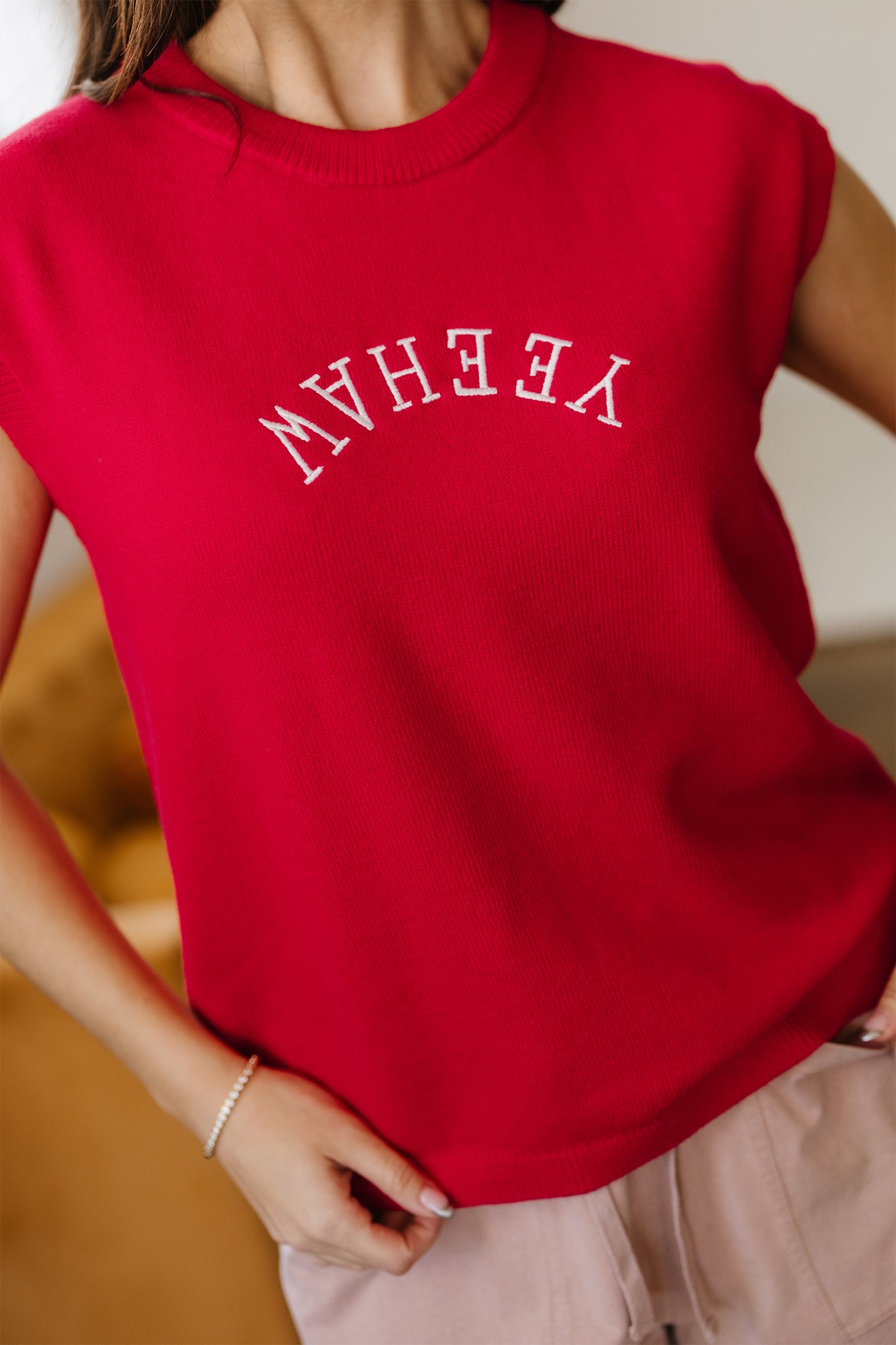 Fiery Red Yeehaw Embroidered Letter Loose Short Sleeve Sweater-TOPS / DRESSES-[Adult]-[Female]-2022 Online Blue Zone Planet