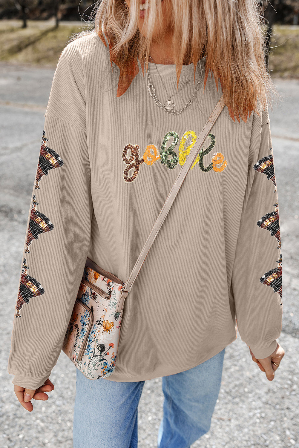 Smoke Gray Corded Ribbed Thanksgiving Turkey Sequin Patched Sleeve gobble Baggy Sweatshirt-Graphic/Graphic Sweatshirts-[Adult]-[Female]-2022 Online Blue Zone Planet