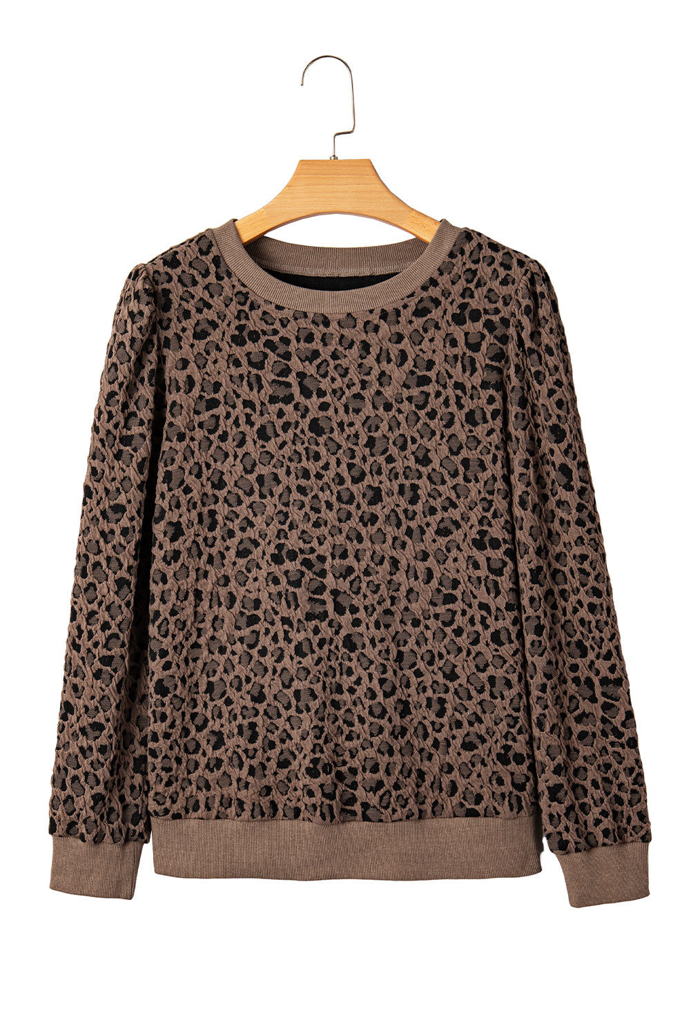 Brown Ribbed Trim Leopard Print Long Sleeve Top-Tops/Long Sleeve Tops-[Adult]-[Female]-2022 Online Blue Zone Planet