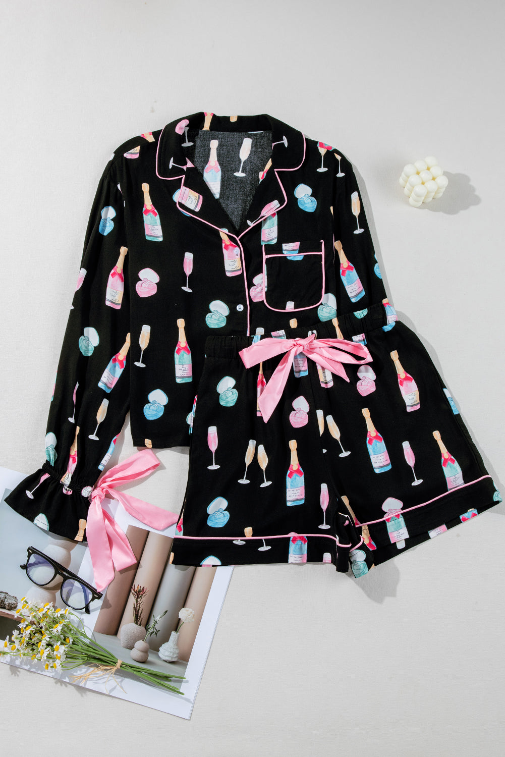 Color black Christmas Wine Glass Print Bow Knot Two Piece Pajama Set-Sleepwear-[Adult]-[Female]-2022 Online Blue Zone Planet