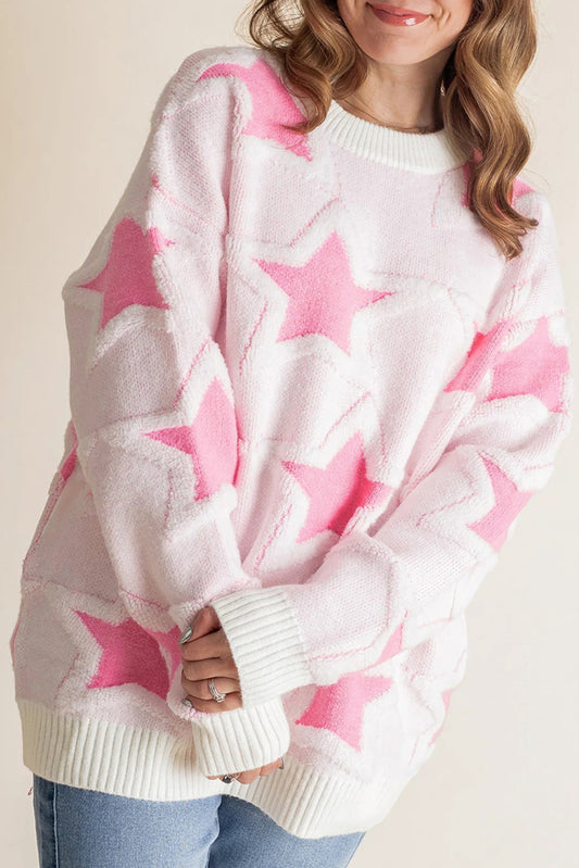 Sachet Pink Oversized Cute Star Pattern Ribbed Edge Drop Shoulder Sweater-Sweaters & Cardigans/Sweaters-[Adult]-[Female]-Sachet Pink-S-2022 Online Blue Zone Planet