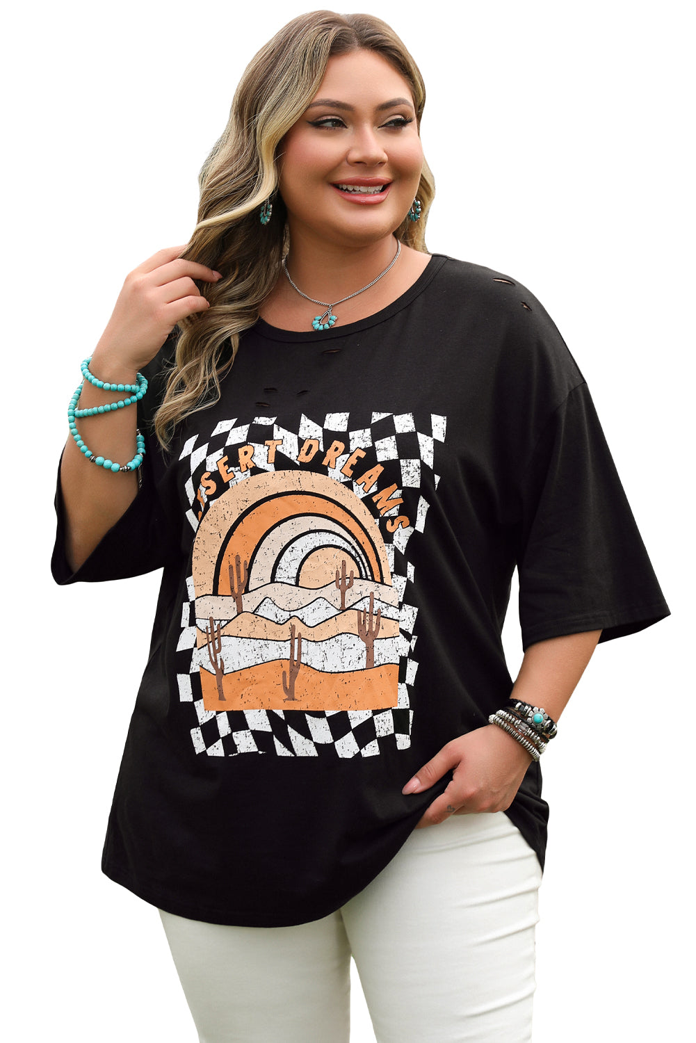 Black Checkerd Desert Dreams Printed Ripped Plus Size Tee-Plus Size/Plus Size Tops/Plus Size Tops & Tees-[Adult]-[Female]-2022 Online Blue Zone Planet
