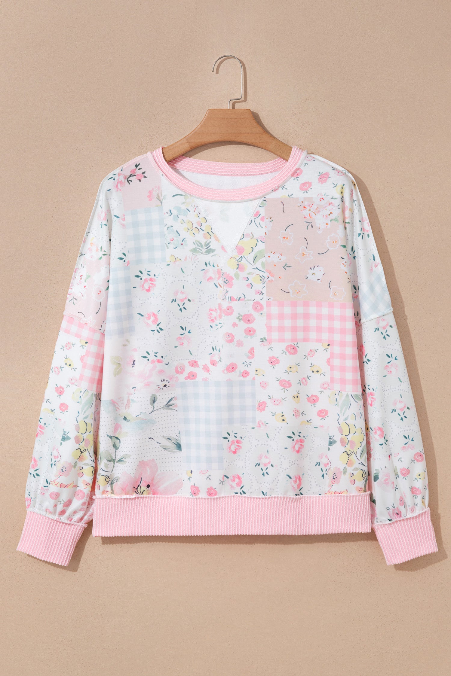 Pink Twisted Ribbed Trim Floral Print Patchwork Long Sleeve Top-Tops/Long Sleeve Tops-[Adult]-[Female]-2022 Online Blue Zone Planet