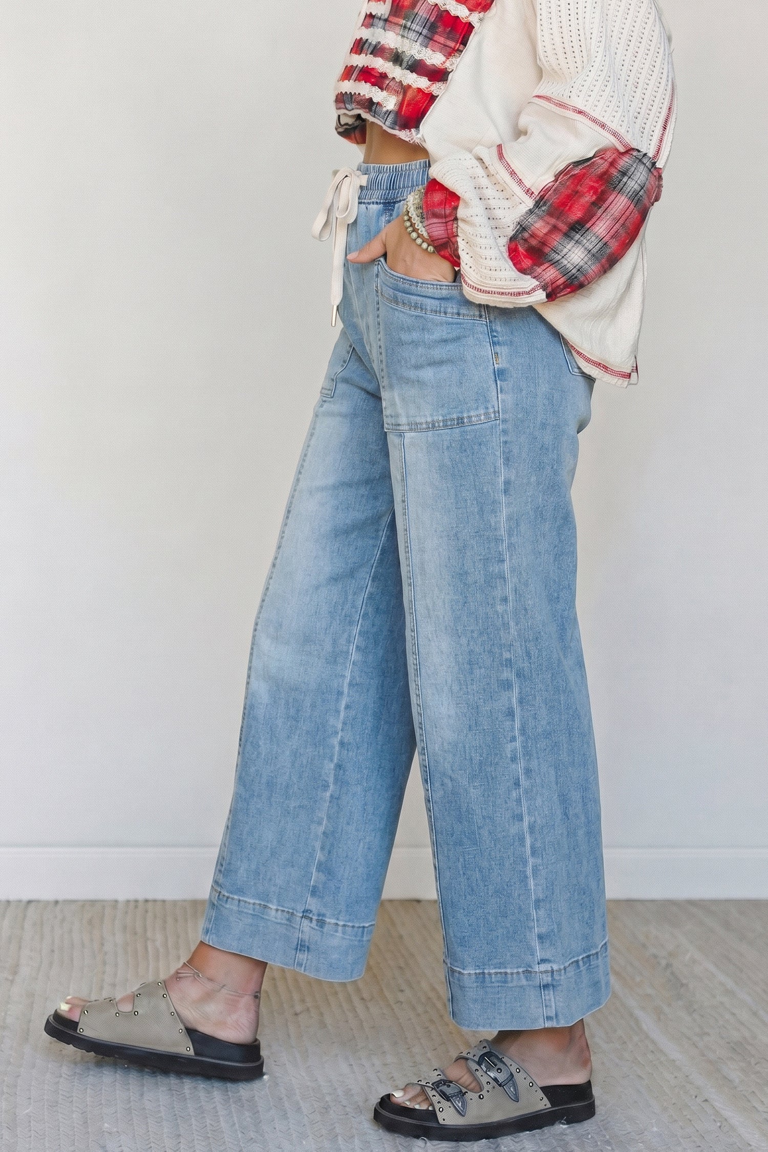 Beau Blue Drawstring Waist Wide Leg Ankle Length Jeans-Bottoms/Jeans-[Adult]-[Female]-2022 Online Blue Zone Planet