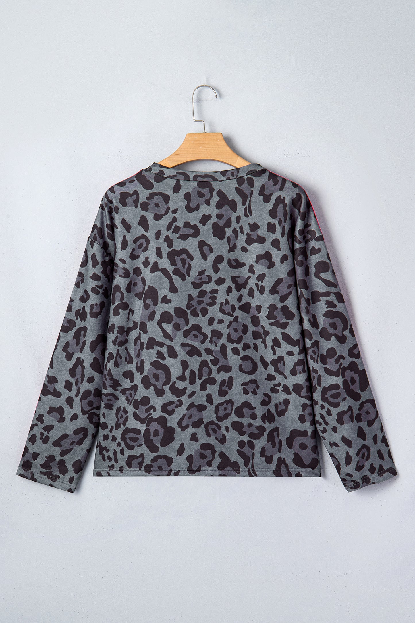 Gray Leopard Print Varsity Striped Trim Long Sleeve Top-Tops/Long Sleeve Tops-[Adult]-[Female]-2022 Online Blue Zone Planet