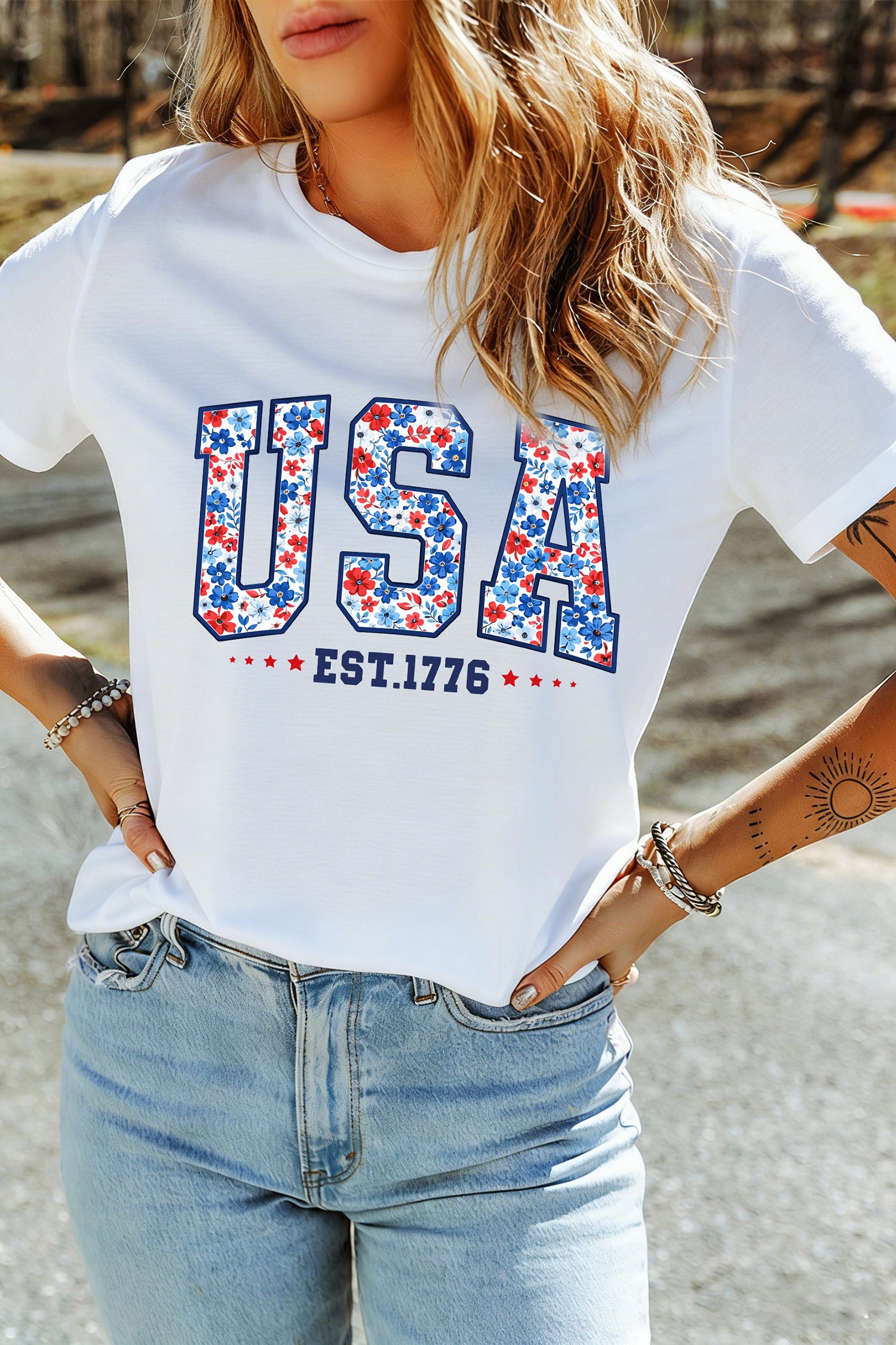 White USA Floral Print EST 1776 Patriotic Graphic Tee-Graphic/Graphic Tees-[Adult]-[Female]-2022 Online Blue Zone Planet
