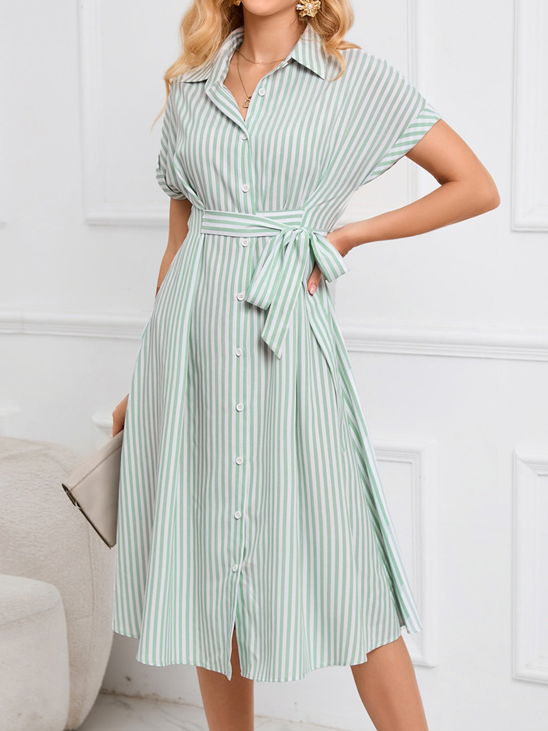 Striped Short Sleeve Tie Waist Midi Dress-TOPS / DRESSES-[Adult]-[Female]-Light Green-S-2022 Online Blue Zone Planet