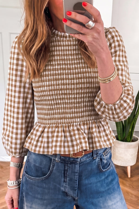 Brown 3/4 Sleeve Shirred Plaid Peplum Top-Tops/Blouses & Shirts-[Adult]-[Female]-Brown-S-2022 Online Blue Zone Planet