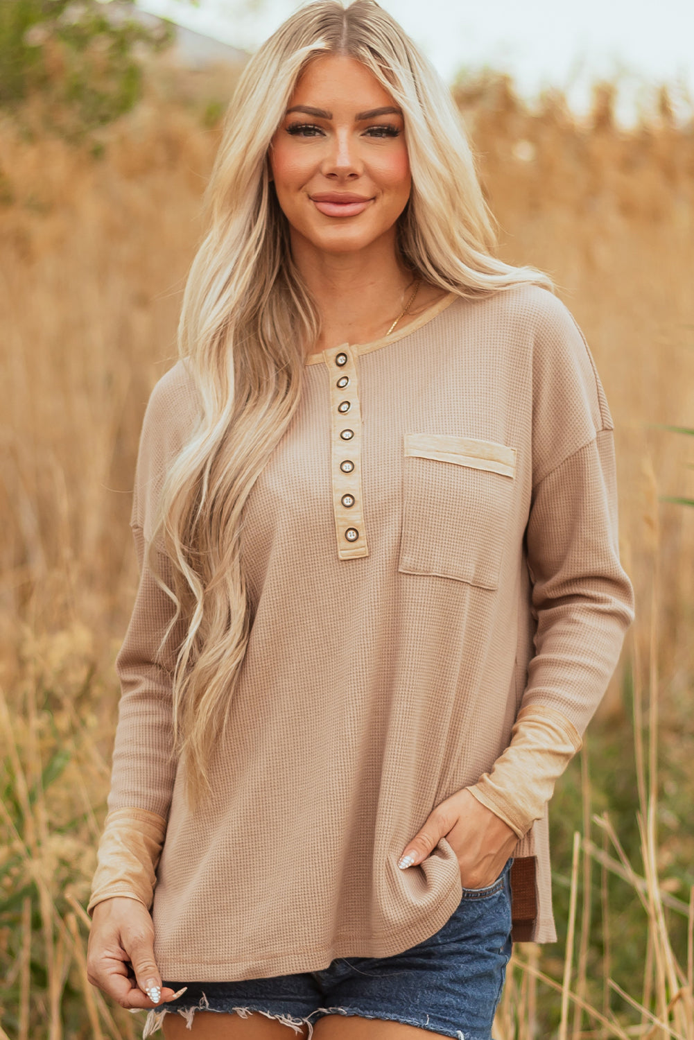 Dark Khaki Color Block Waffle Textured Tunic Henley Top With Slits-Tops/Long Sleeve Tops-[Adult]-[Female]-2022 Online Blue Zone Planet