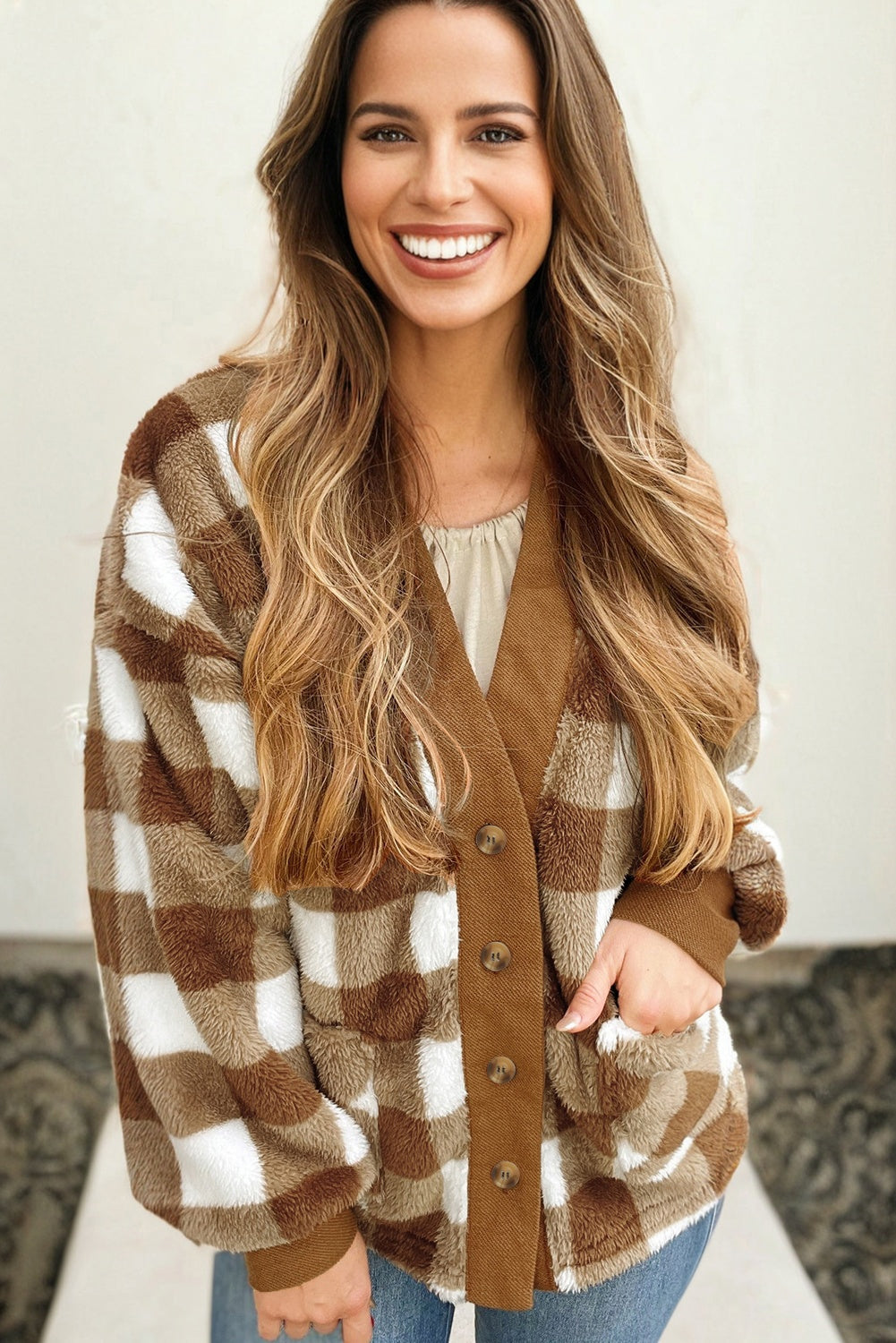 Brown Checkered Sherpa Loose Knit Cardigan With Pockets-Sweaters & Cardigans/Cardigans-[Adult]-[Female]-2022 Online Blue Zone Planet