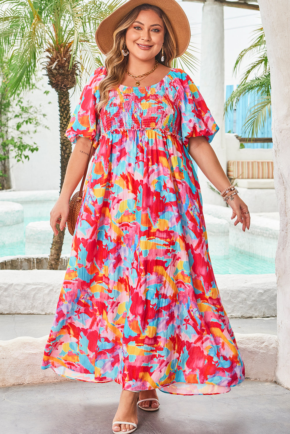 Rose Abstract Printed Puff Sleeve Square Neck Smocked Bust Tied Back Plus Size Dress-TOPS / DRESSES-[Adult]-[Female]-2022 Online Blue Zone Planet