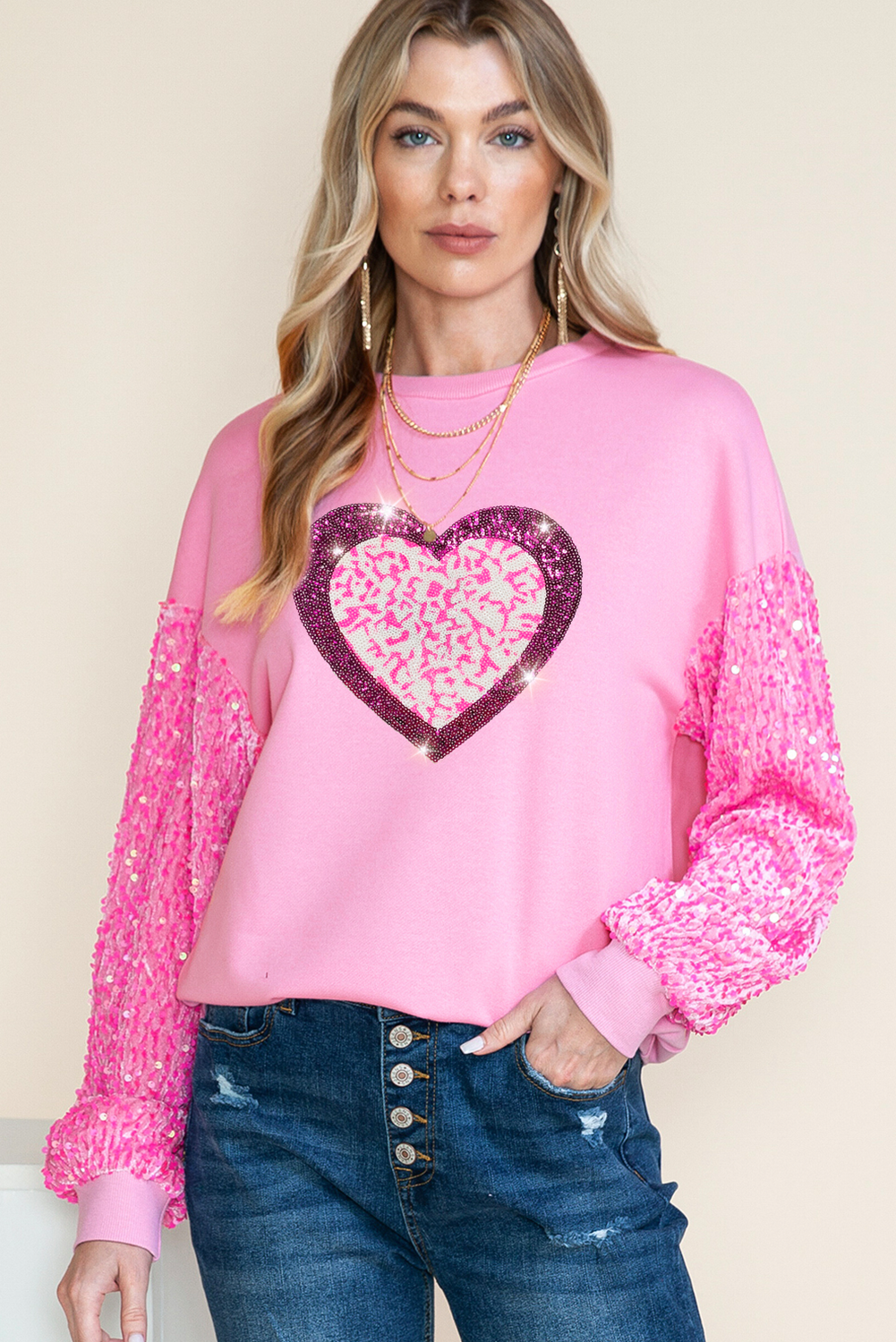 Pink Leopard Heart Graphic Sequin Patchwork Long Sleeve Valentines Top-Graphic Apparel-[Adult]-[Female]-2022 Online Blue Zone Planet