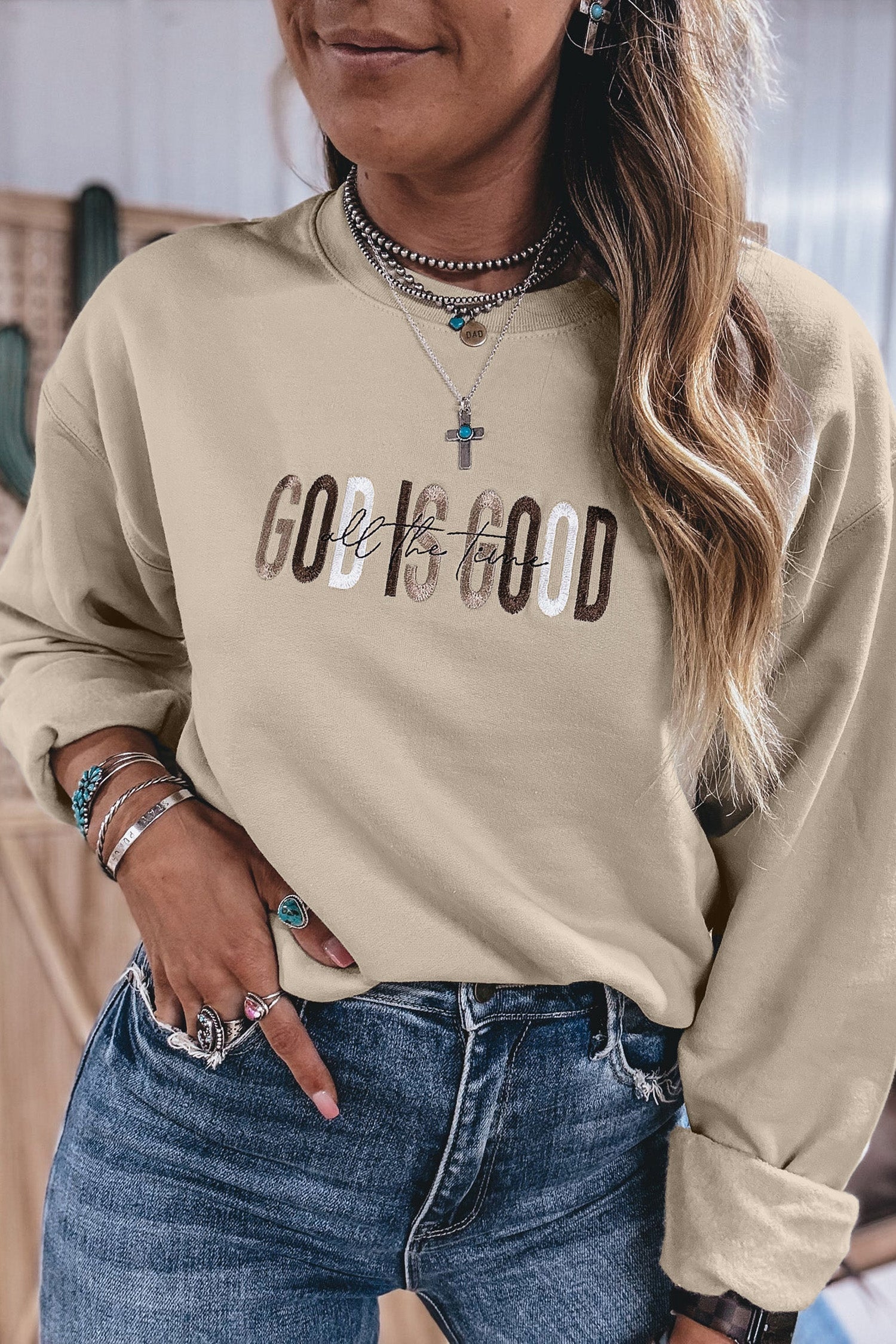 Jet Stream GOD IS GOOD Western Embroidered Letter Crewneck Pullover Sweatshirt-Tops/Sweatshirts & Hoodies-[Adult]-[Female]-2022 Online Blue Zone Planet