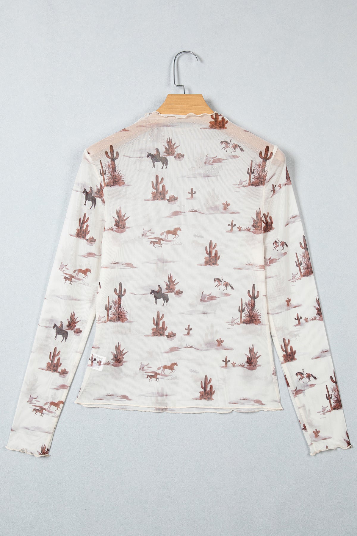 Beige Floral Print Slim Fit Mesh Long Sleeve Mock Neck Top-Tops/Long Sleeve Tops-[Adult]-[Female]-2022 Online Blue Zone Planet