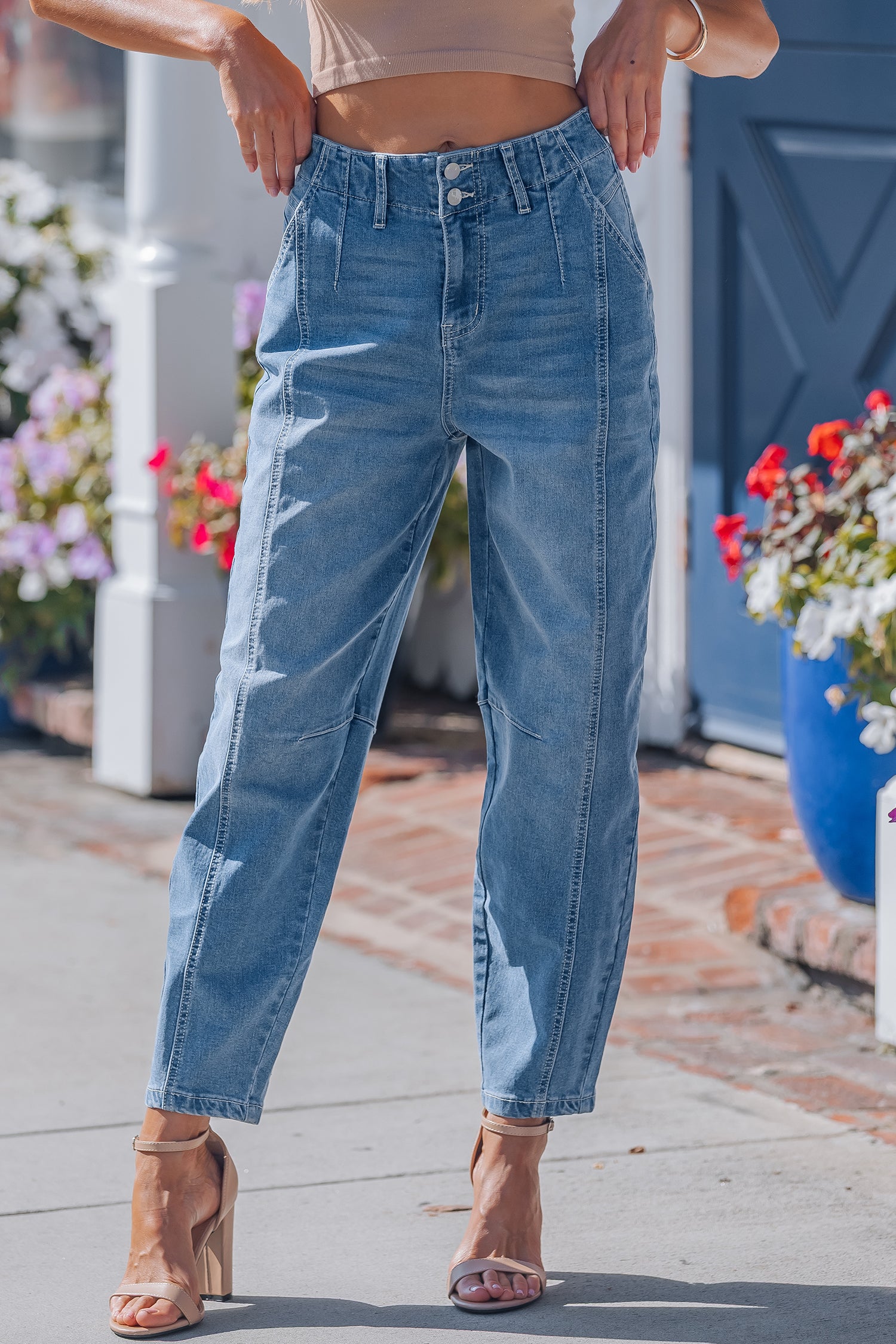 Sky Blue Medium Wash Cuffed Barrel Jeans-TOPS / DRESSES-[Adult]-[Female]-2022 Online Blue Zone Planet