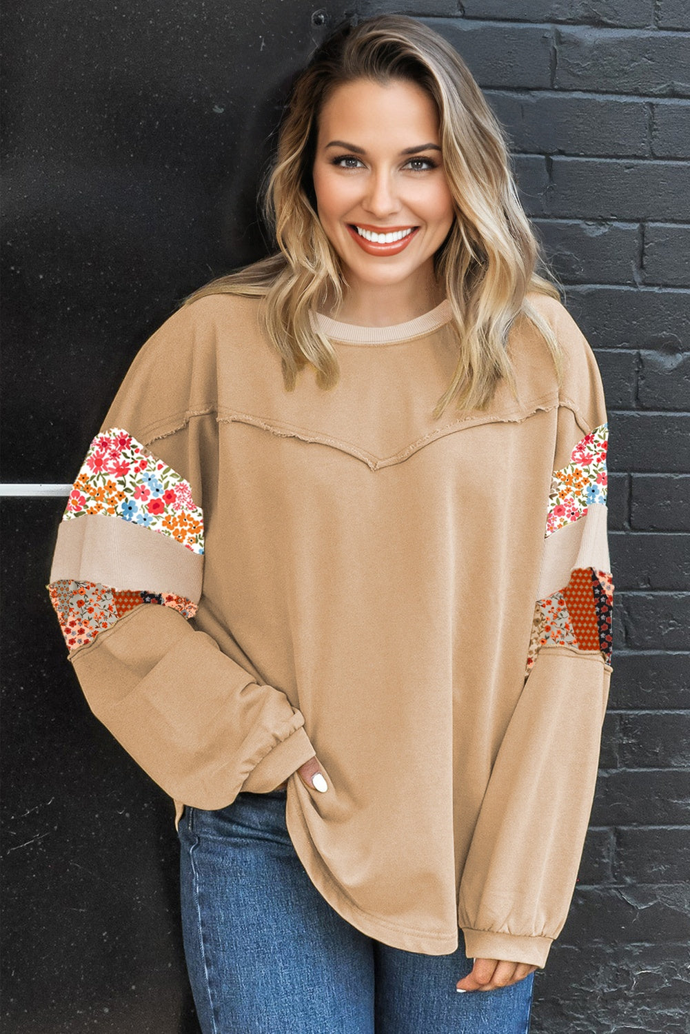 Khaki Exposed Seam Floral Mixed Patchwork Relaxed Plus Size Top-Plus Size/Plus Size Sweatshirts & Hoodies-[Adult]-[Female]-2022 Online Blue Zone Planet