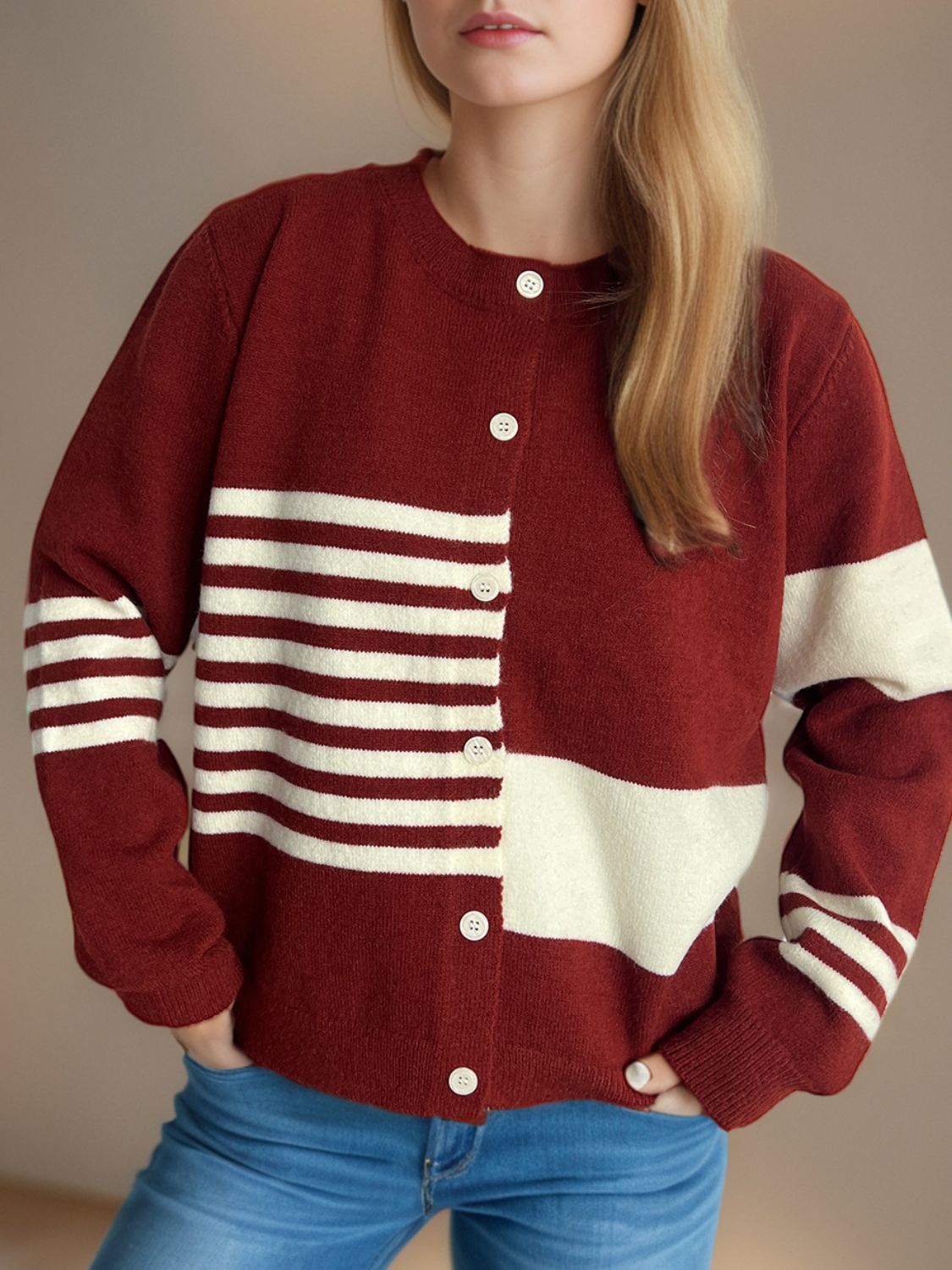 Blue Zone Planet | Striped Color Block Round Neck Cardigan-TOPS / DRESSES-[Adult]-[Female]-Burgundy-One Size-2022 Online Blue Zone Planet