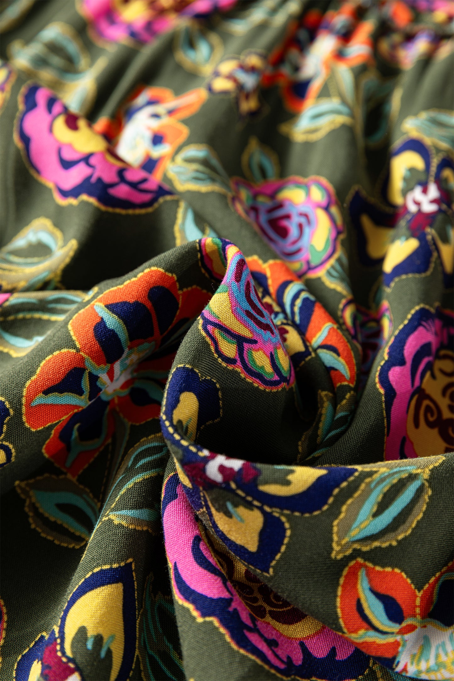 Green Plus Size Floral Print Collared V Neck Loose Mini Dress-TOPS / DRESSES-[Adult]-[Female]-2022 Online Blue Zone Planet