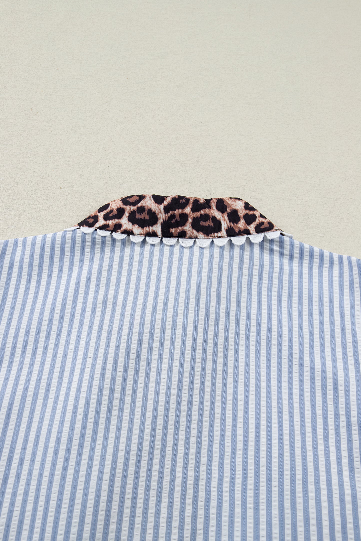 Sky Blue Stripe Plus Size Leopard Patchwork Collar Short Bubble Sleeve Blouse-Plus Size/Plus Size Tops/Plus Size Blouses & Shirts-[Adult]-[Female]-2022 Online Blue Zone Planet