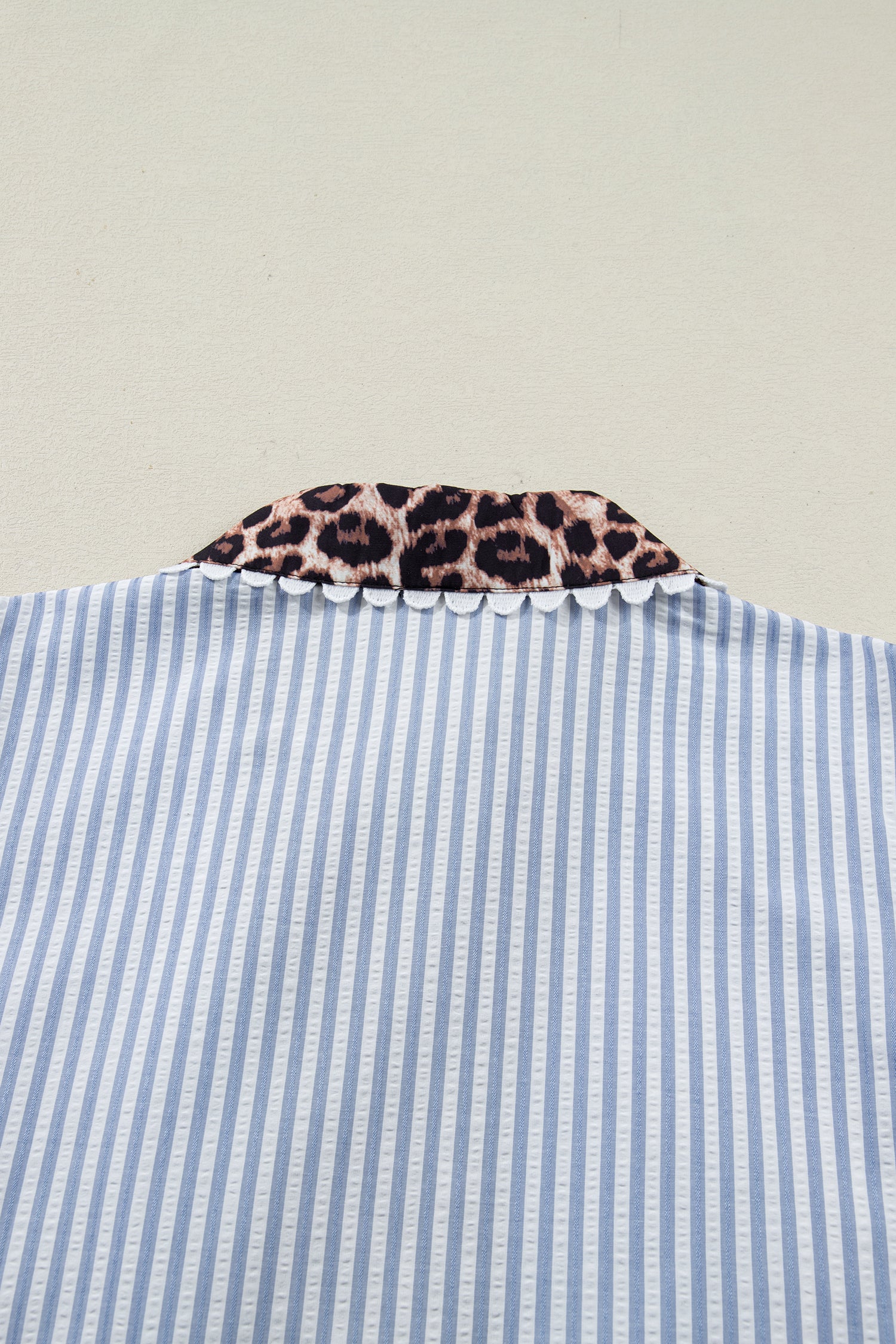 Sky Blue Stripe Plus Size Leopard Patchwork Collar Short Bubble Sleeve Blouse-Plus Size/Plus Size Tops/Plus Size Blouses & Shirts-[Adult]-[Female]-2022 Online Blue Zone Planet