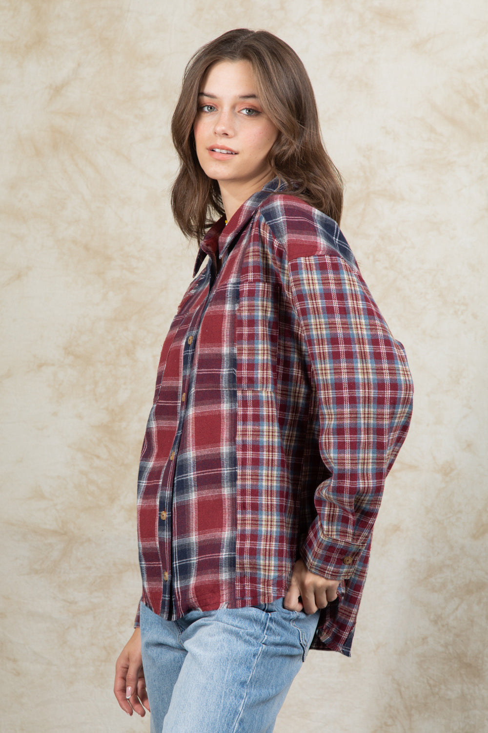 Plaid Collared Neck Button Up Long Sleeve Shirt-TOPS / DRESSES-[Adult]-[Female]-2022 Online Blue Zone Planet