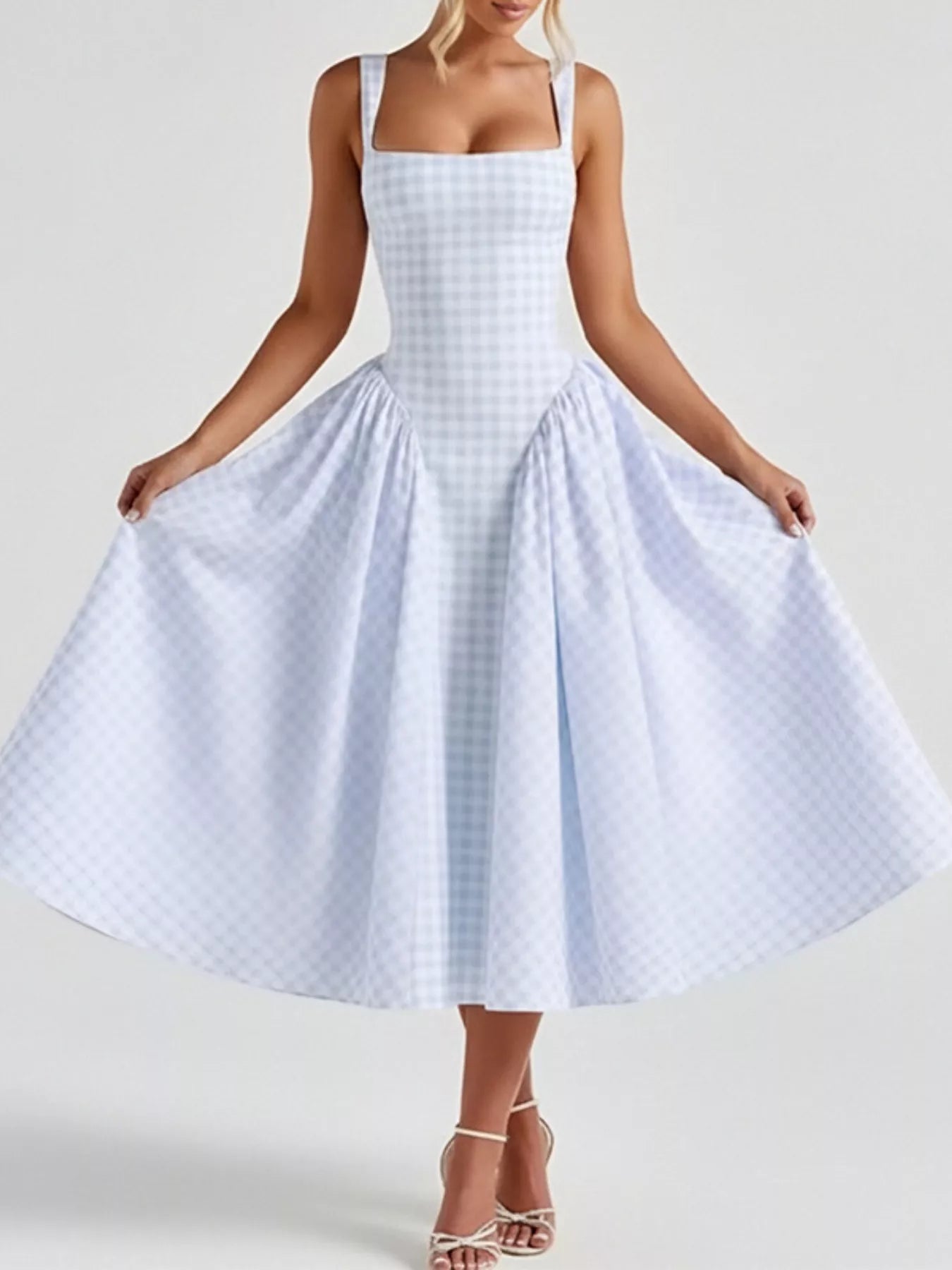 Full Size Plaid Square Neckline Midi Dress Plus Size - Blue Zone Light Blue / M by Blue Zone Planet
