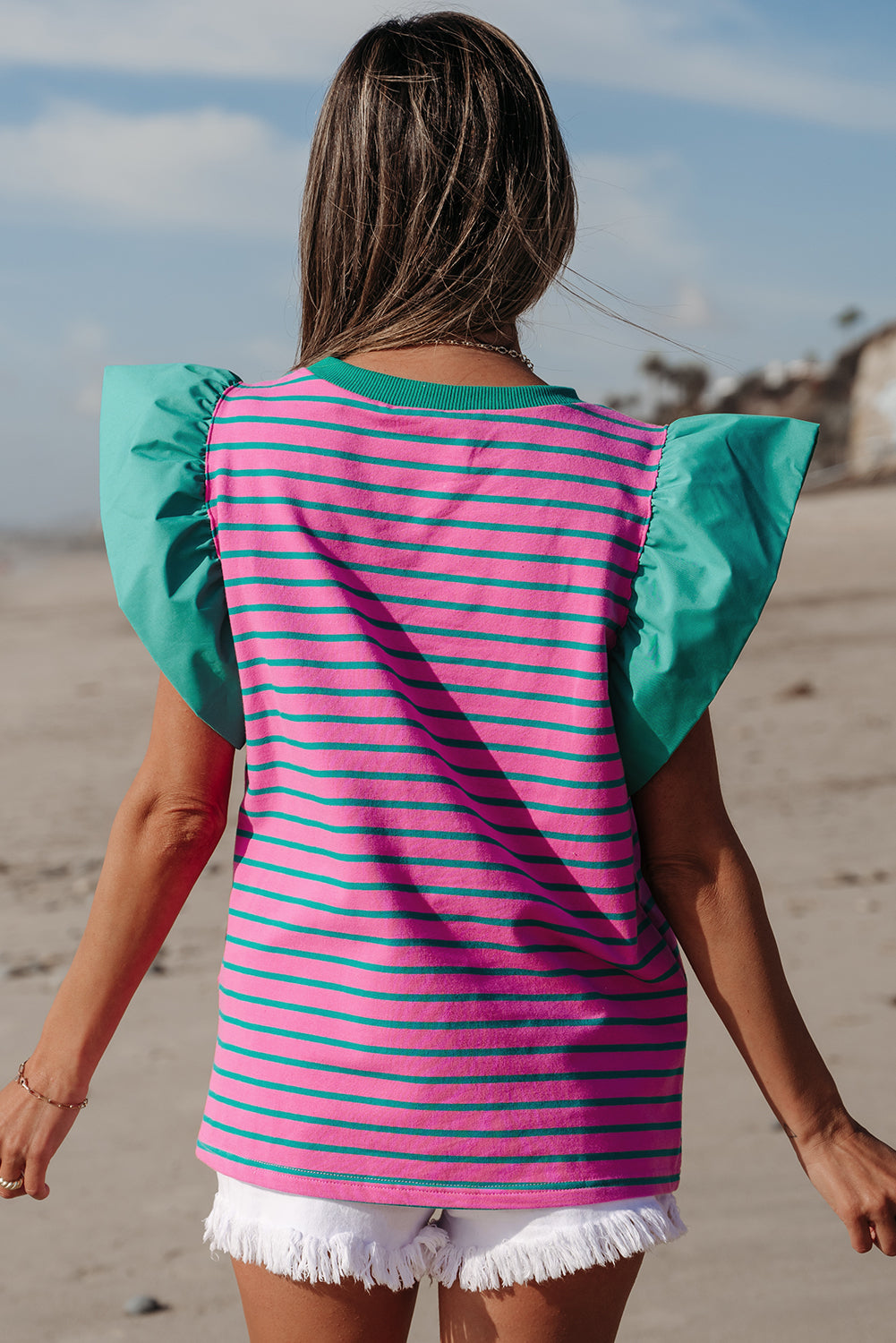 Pink Stripe Colorblock Ruffled Sleeve Crew Neck Blouse-Tops/Blouses & Shirts-[Adult]-[Female]-2022 Online Blue Zone Planet
