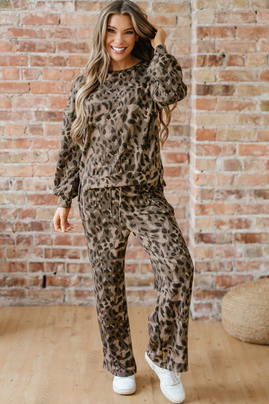 Brown Leopard Print Raw Seam Patchwork Pullover Drawstring Loose Pant Set-Two Piece Sets/Pant Sets-[Adult]-[Female]-Brown-S-2022 Online Blue Zone Planet