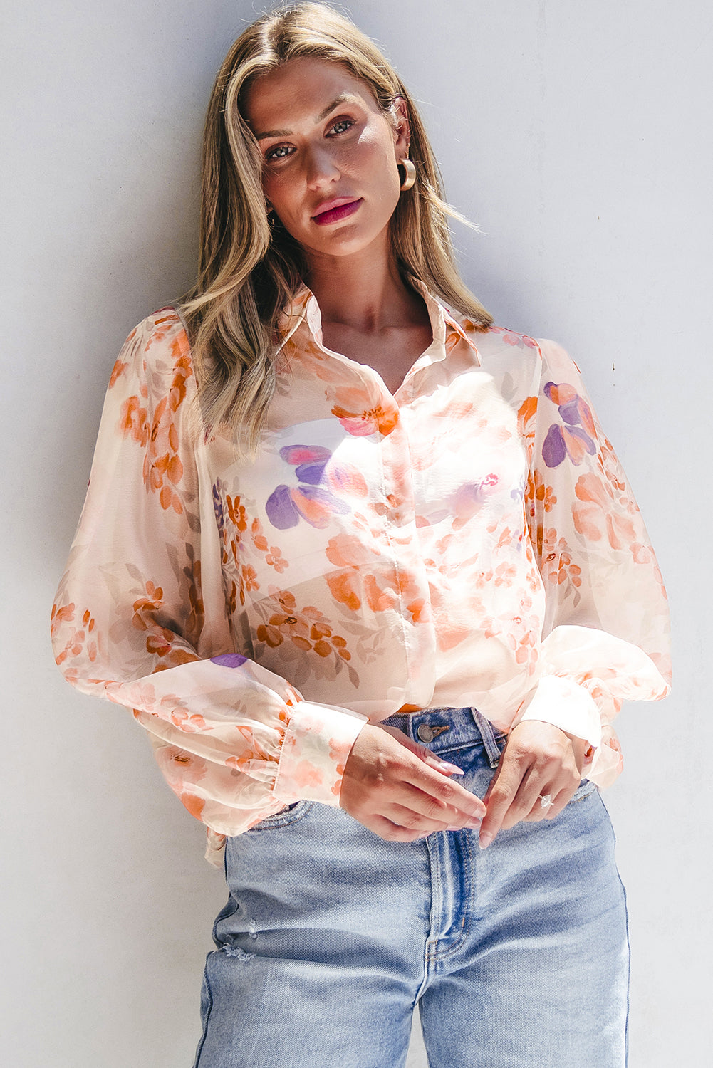 Blue Zone Planet | White Floral Print Collared Balloon Sleeve Loose Shirt-TOPS / DRESSES-[Adult]-[Female]-2022 Online Blue Zone Planet