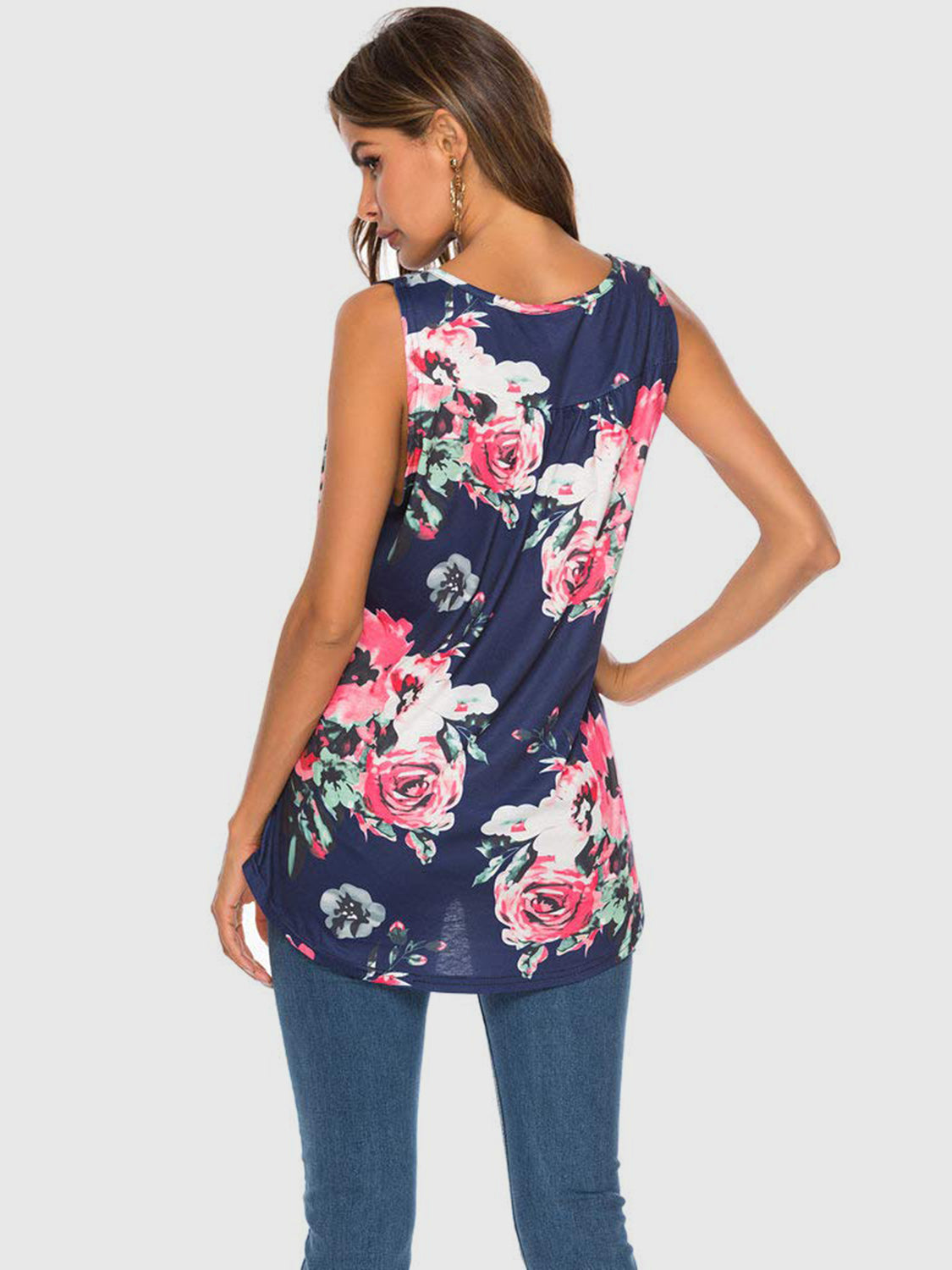 Flower Printed Round Neck Tank-TOPS / DRESSES-[Adult]-[Female]-2022 Online Blue Zone Planet