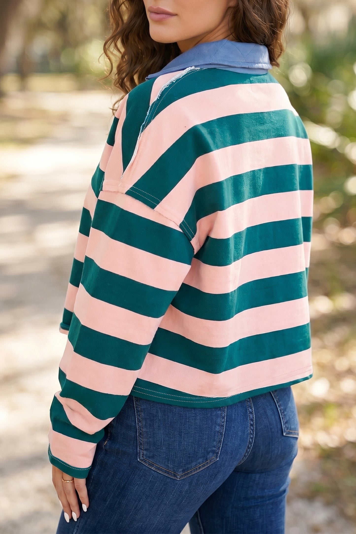 Green Stripe Quarter-Zip Metal Zipper Cover Stitch Hem Top-Tops/Long Sleeve Tops-[Adult]-[Female]-2022 Online Blue Zone Planet