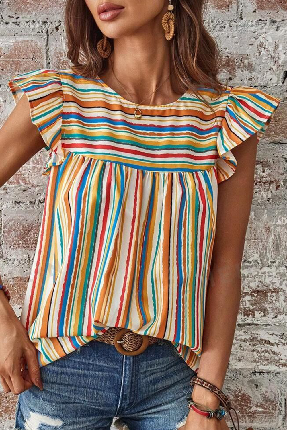 Multicolour Vibrant Stripes Printed Flutter Sleeve Babydoll Blouse-Tops/Blouses & Shirts-[Adult]-[Female]-2022 Online Blue Zone Planet