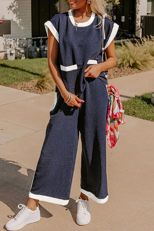 Navy Blue Color Block Pocketed T Shirt And Wide Leg Pants Set-Two Piece Sets/Pant Sets-[Adult]-[Female]-Navy Blue-S-2022 Online Blue Zone Planet