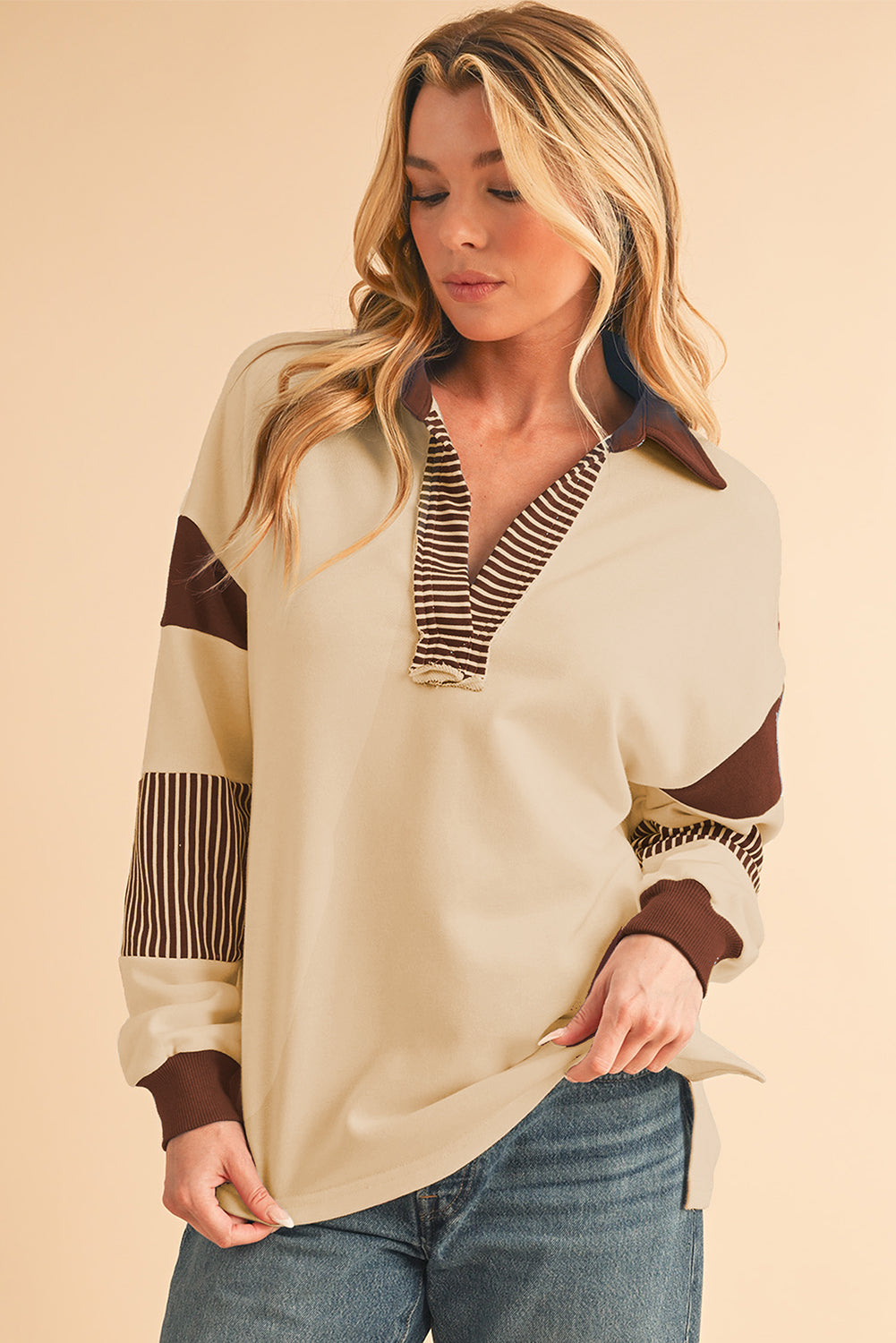 Sail Blue Striped Patchwork Collar Sweatshirt-Sweatshirts & Hoodies-[Adult]-[Female]-Light French Beige-S-2022 Online Blue Zone Planet