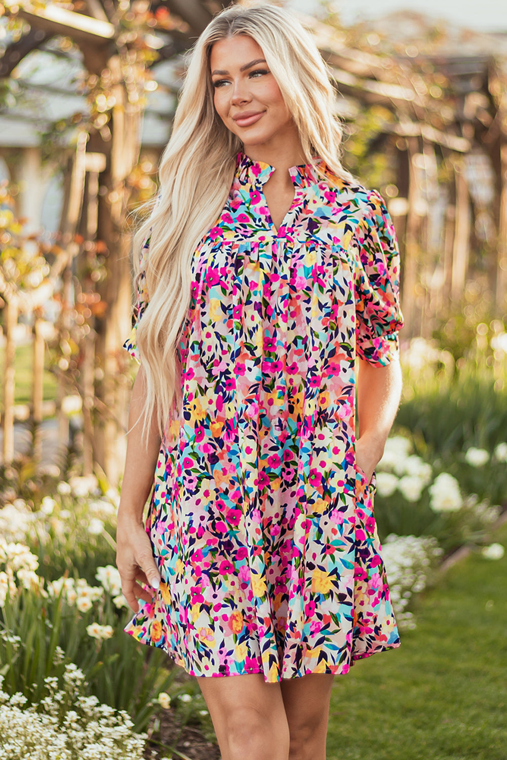Pink Floral Puff Short Sleeve V Neck Mini Dress-TOPS / DRESSES-[Adult]-[Female]-2022 Online Blue Zone Planet