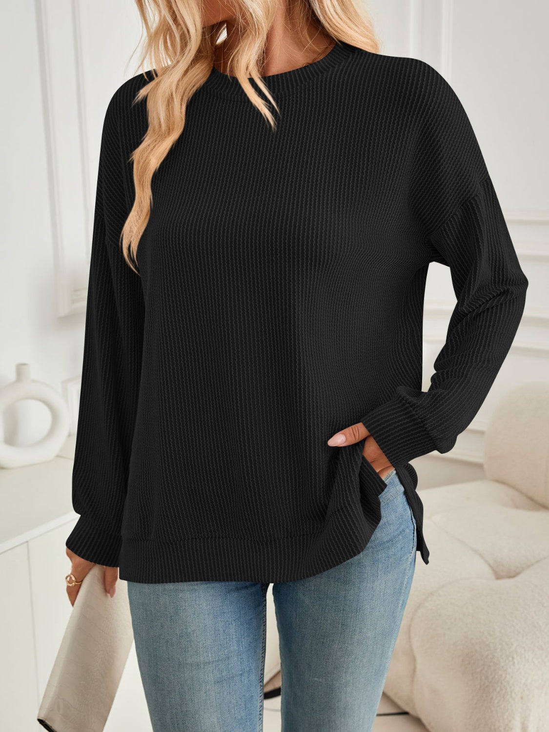 Blue Zone Planet | Lovelet Slit Round Neck Long Sleeve Sweatshirt-TOPS / DRESSES-[Adult]-[Female]-2022 Online Blue Zone Planet