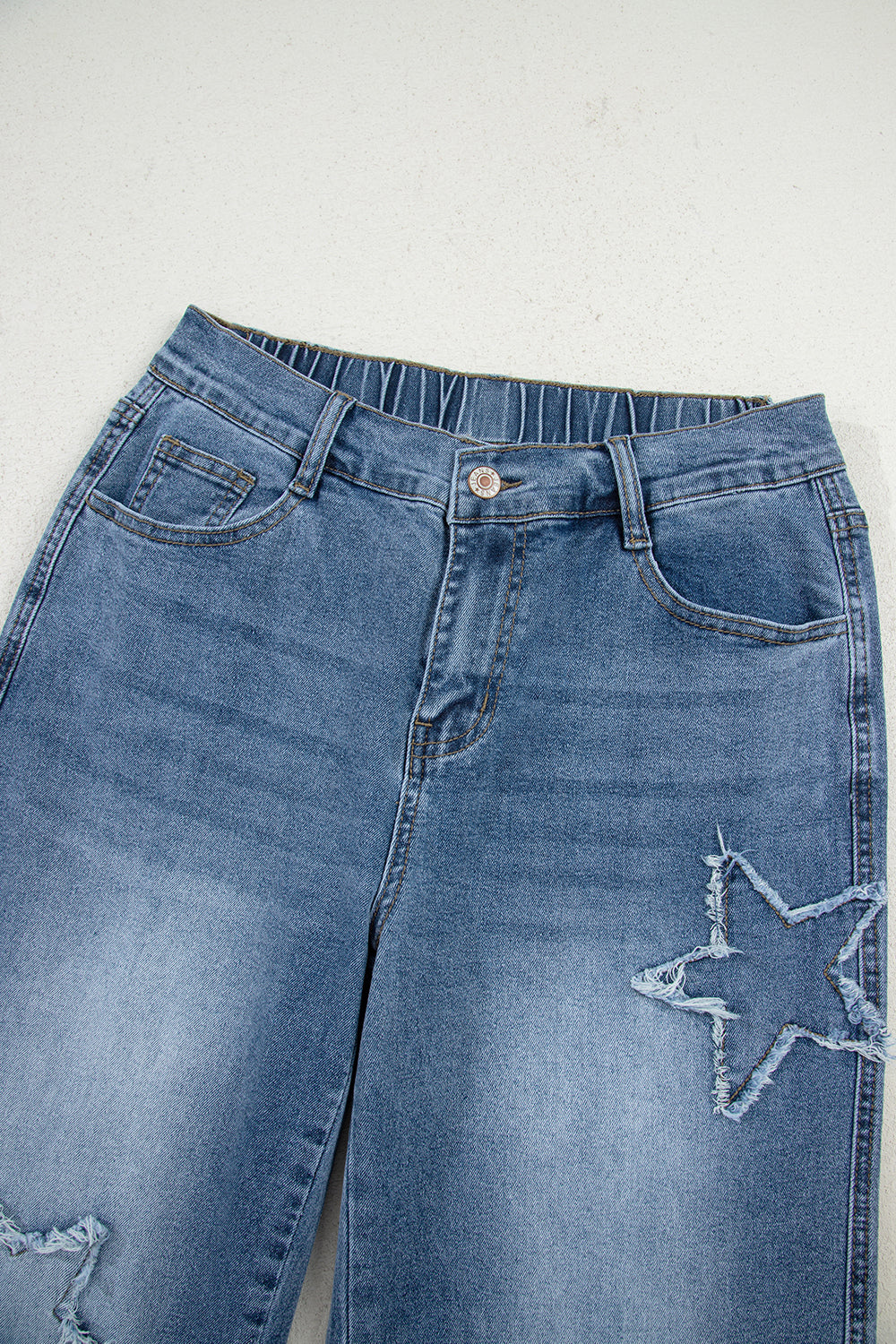 Stone Blue Star Patchwork Cropped Wide Leg High Waist Jeans-Bottoms/Jeans-[Adult]-[Female]-2022 Online Blue Zone Planet