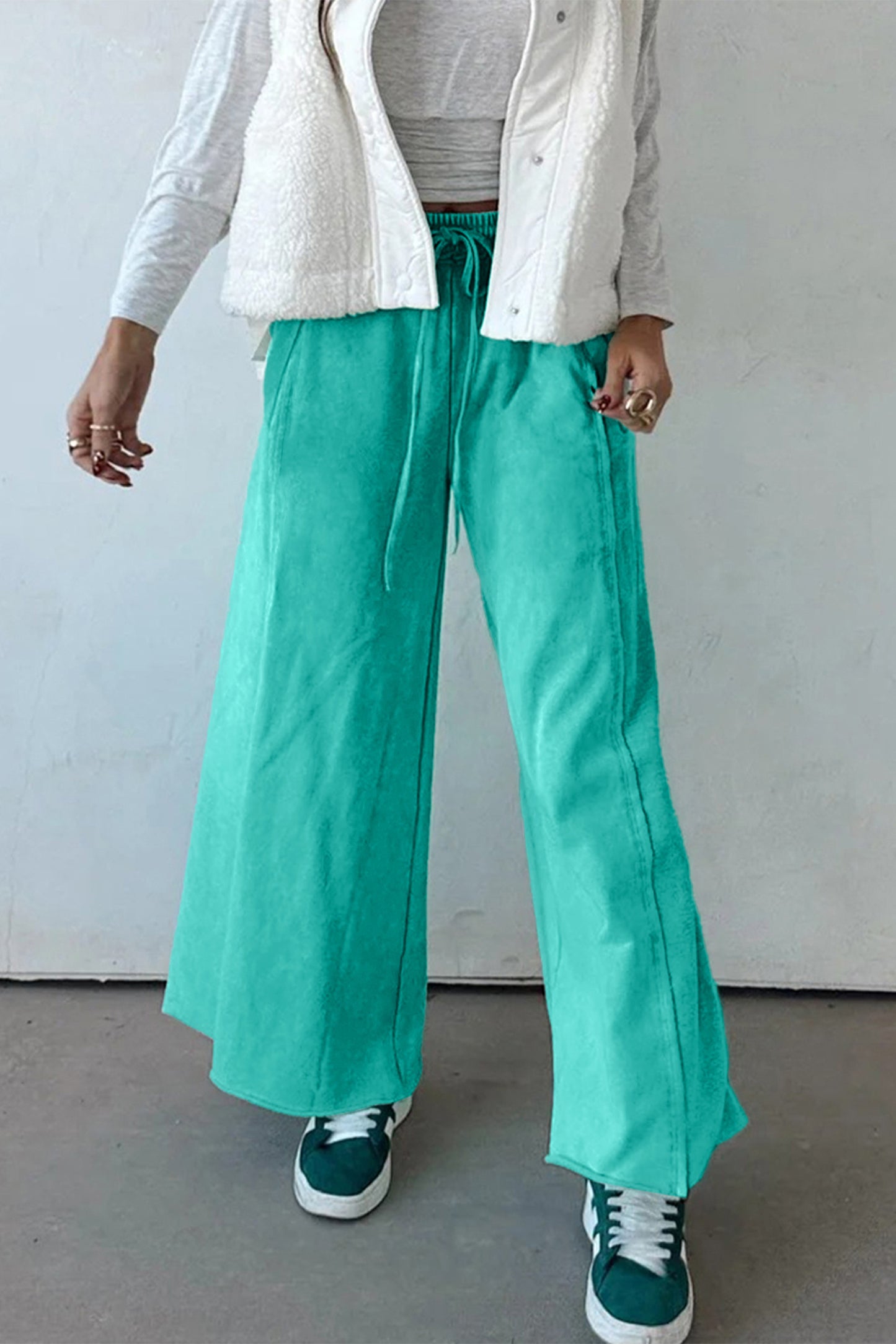 Sea Green Mineral Wash Drawstring Elastic Waist Raw Hem Loose Pants-Bottoms/Pants & Culotte-[Adult]-[Female]-2022 Online Blue Zone Planet