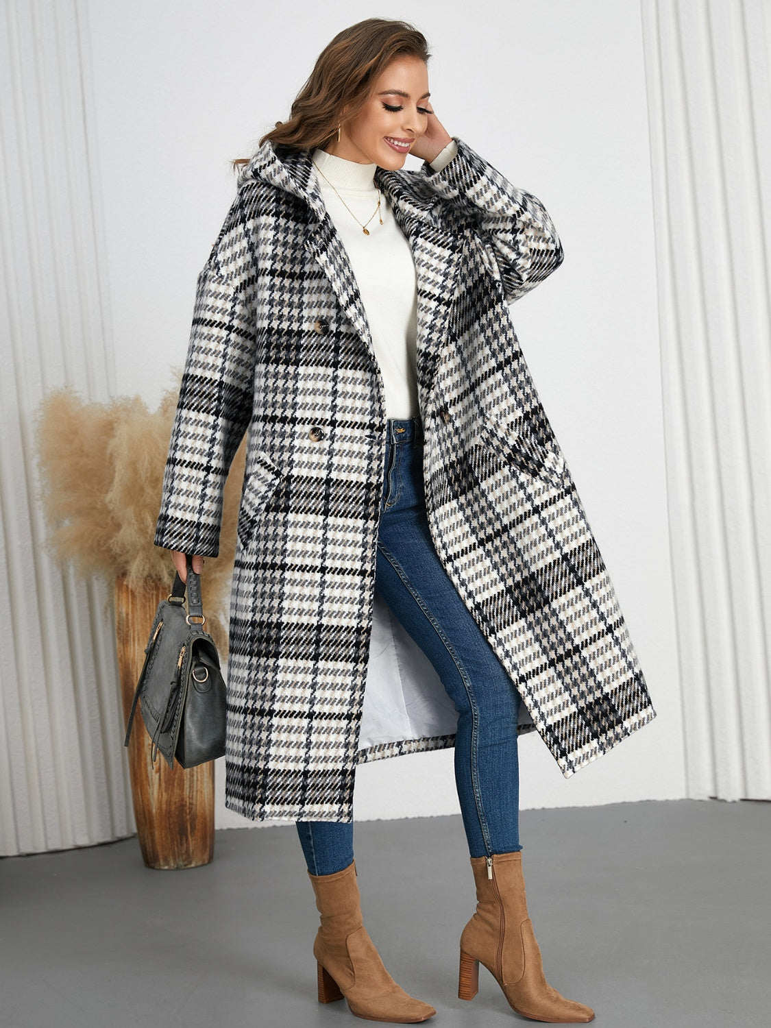 Blue Zone Planet | Plaid Double-Breasted Long Sleeve Longline Coat-TOPS / DRESSES-[Adult]-[Female]-2022 Online Blue Zone Planet