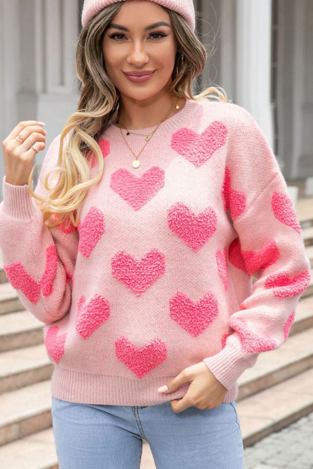 Valentine's Day Heart Jacquard Round Neck Sweater-TOPS / DRESSES-[Adult]-[Female]-2022 Online Blue Zone Planet