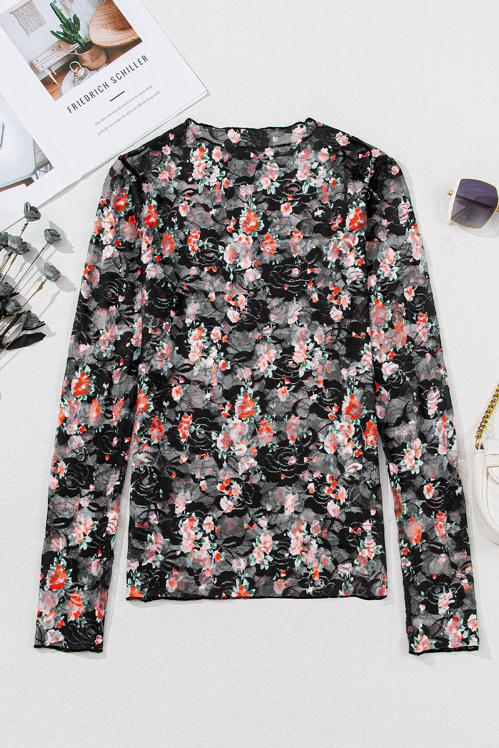 Black Floral Mesh Sheer Long Sleeve Top-Tops/Long Sleeve Tops-[Adult]-[Female]-2022 Online Blue Zone Planet