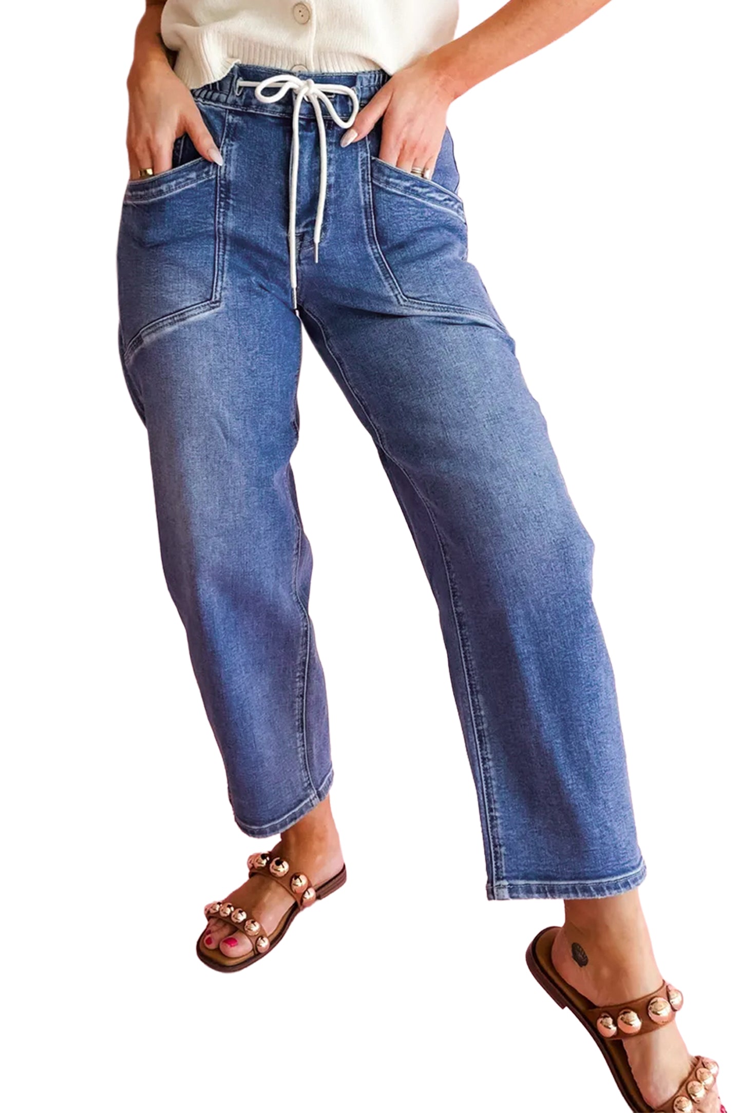 Ashleigh Blue Drawstring Waist Ankle Length Casual Jeans Regular Fit Pocket Detail Denim Pants-Bottoms/Jeans-[Adult]-[Female]-2022 Online Blue Zone Planet