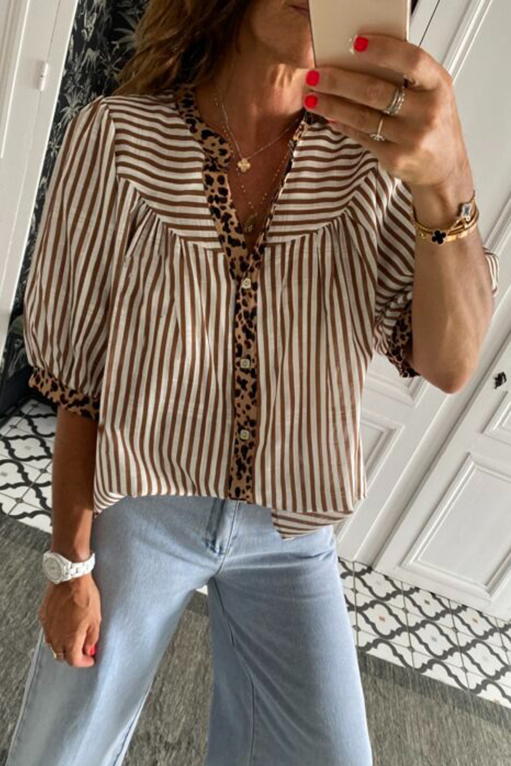 Brown Stripe Leopard Trim V Neck Button Down Half Sleeve Shirt-Tops/Blouses & Shirts-[Adult]-[Female]-Brown Stripe-S-2022 Online Blue Zone Planet